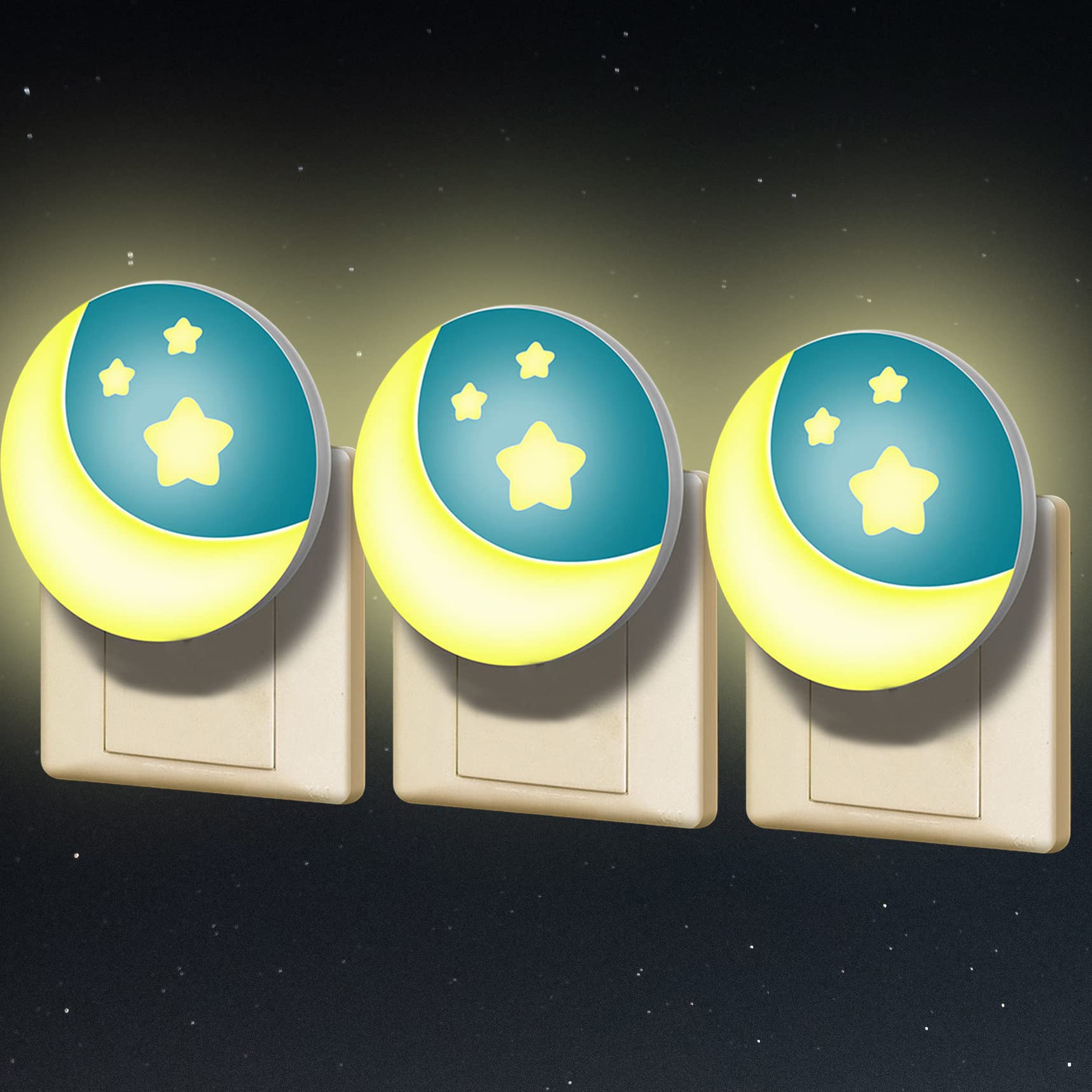 Annmore Luz Bebé Nocturna Enchufe 3 Piezas, Lámpara LED de Luna para Mesilla de Noche Infantil, Luz Quitamiedos para Recién Nacido Dormitorio, Lámpara Pared 0,6W para Guardería, Habitación de Niños