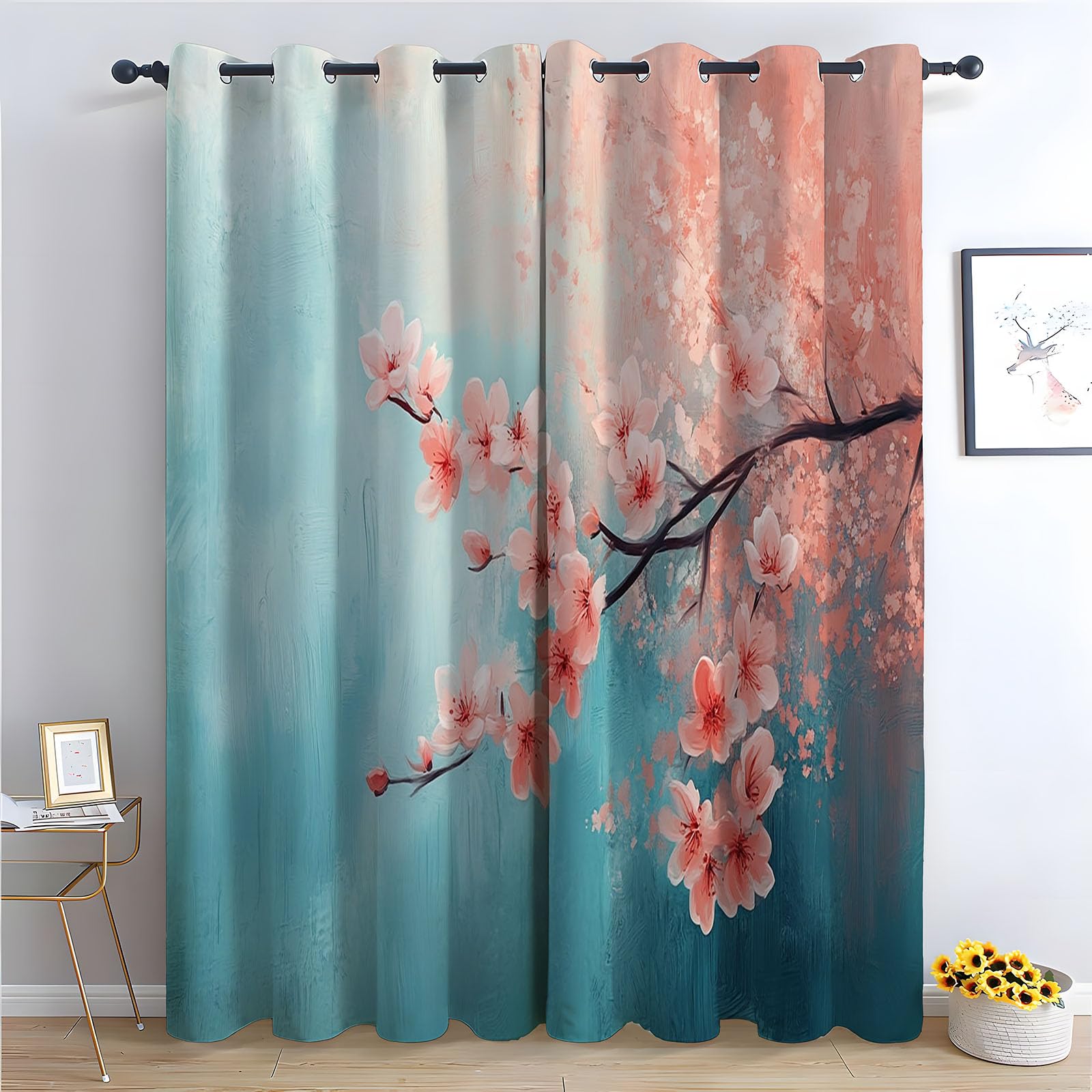 WIKEO Floral Curtains Vintage Floral Pattern Forest Printed Room Darkening Curtain for Bedroom, Privacy Eyelet Thermal Insulated Green Curtain for Girls Room-52 W x 96" L (Pack of 2)