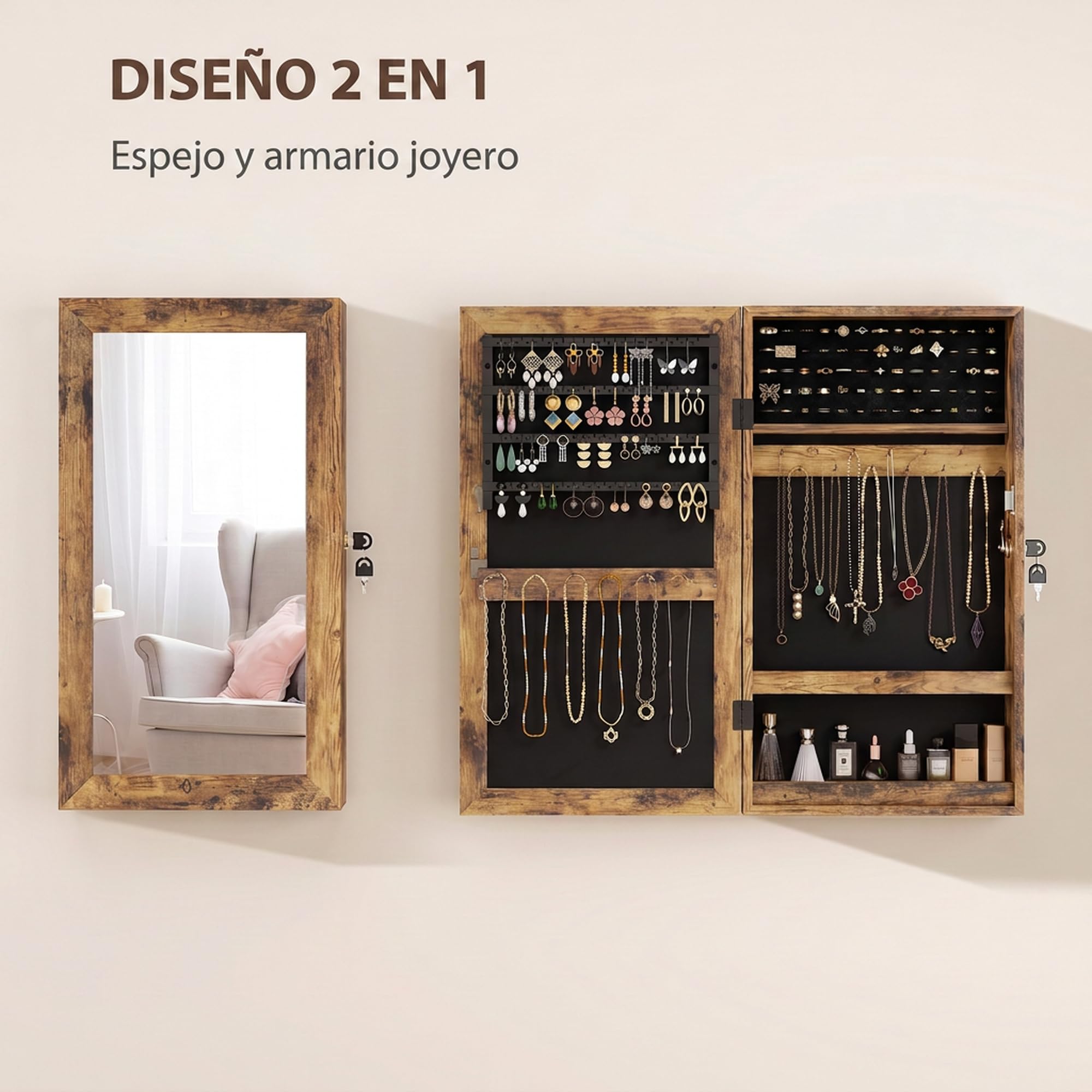 HOMCOM Espejo Joyero Pared con Cerradura Montar Pared Puerta Marrón Rústico