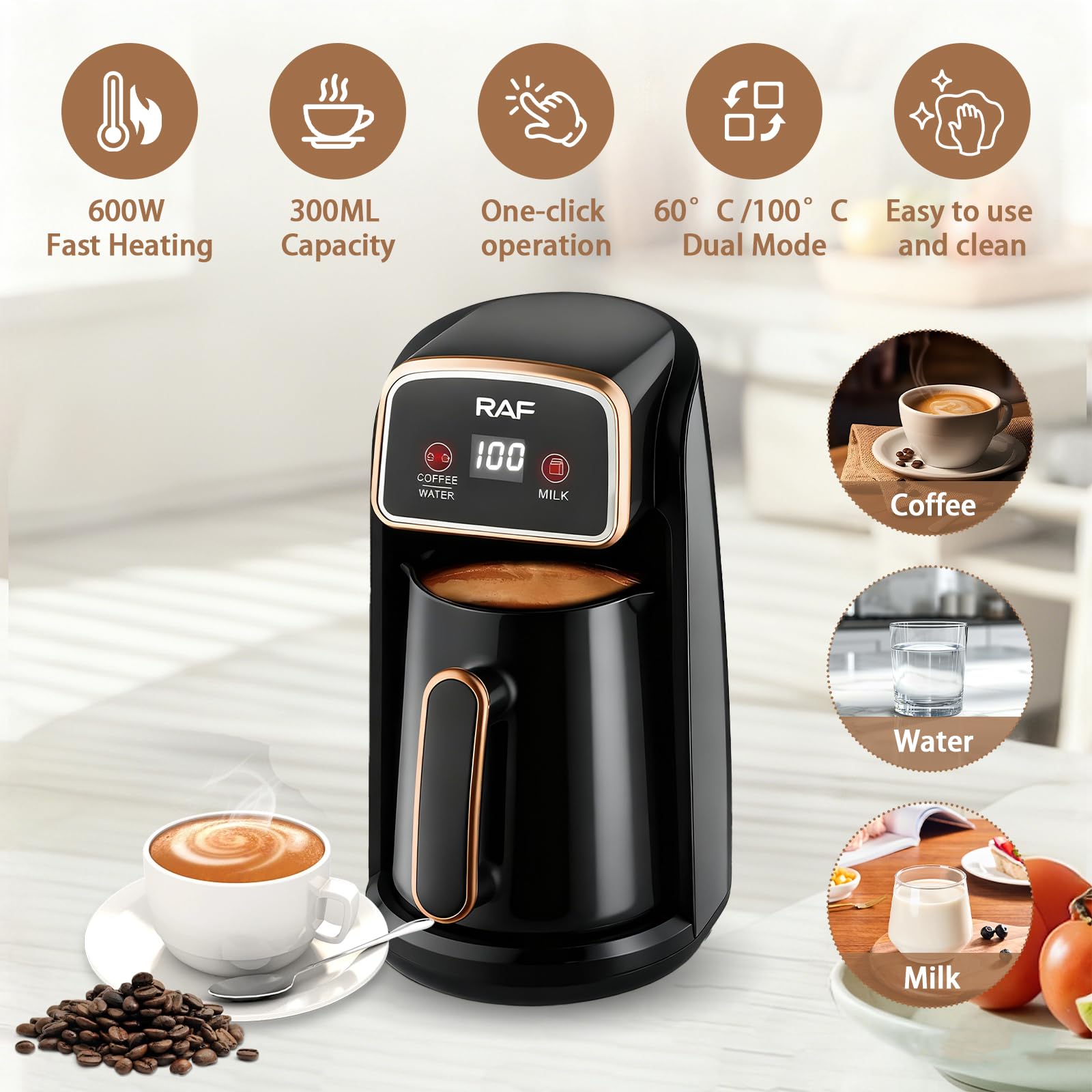 Automatische Elektrische Türkische Kaffeemaschine, 600W Kaffeepott mit Dual-Heizsystem, Smart Bedienung für Kaffee, Wasser & Milch, 300ml Kapazität für 4 Tassen, Anti Trockenlauf