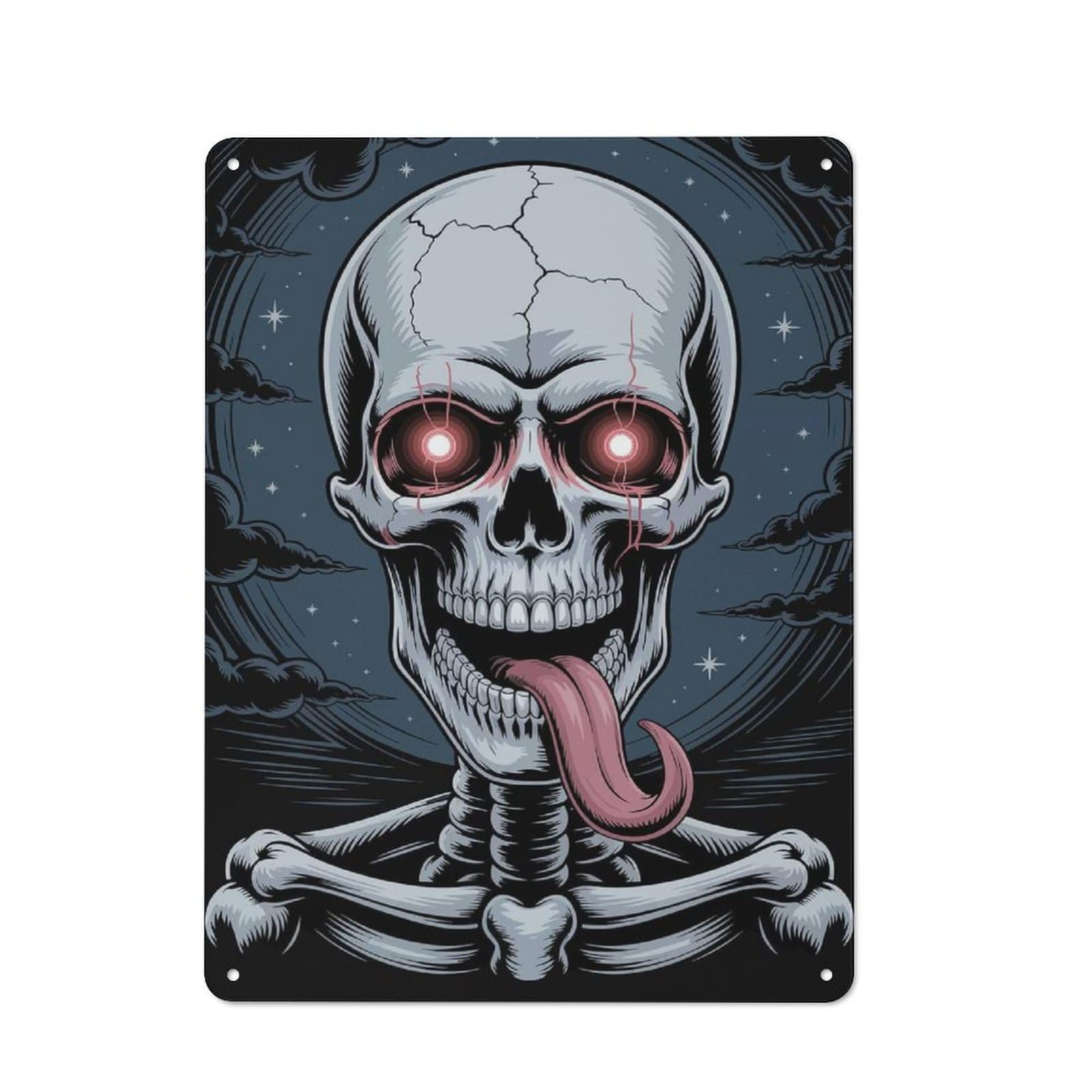 Junmoney Skull With Glowing Eyes And Tongue Rustic Tin Sign 40X30cm For Living Room Or Hallway, Suited To Living Room Decor Lovers