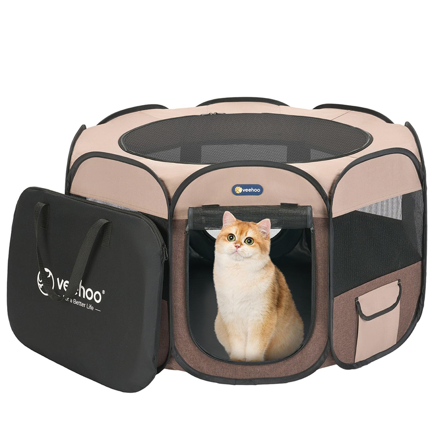 CWWL2416CP39M Veehoo Portable Puppy Playpen - Foldable Dog Playpen Indoor with Removable Zipper Top, Pop Up Outdoor Cat Playpen Pet Playpen with Carrying Case, Brown