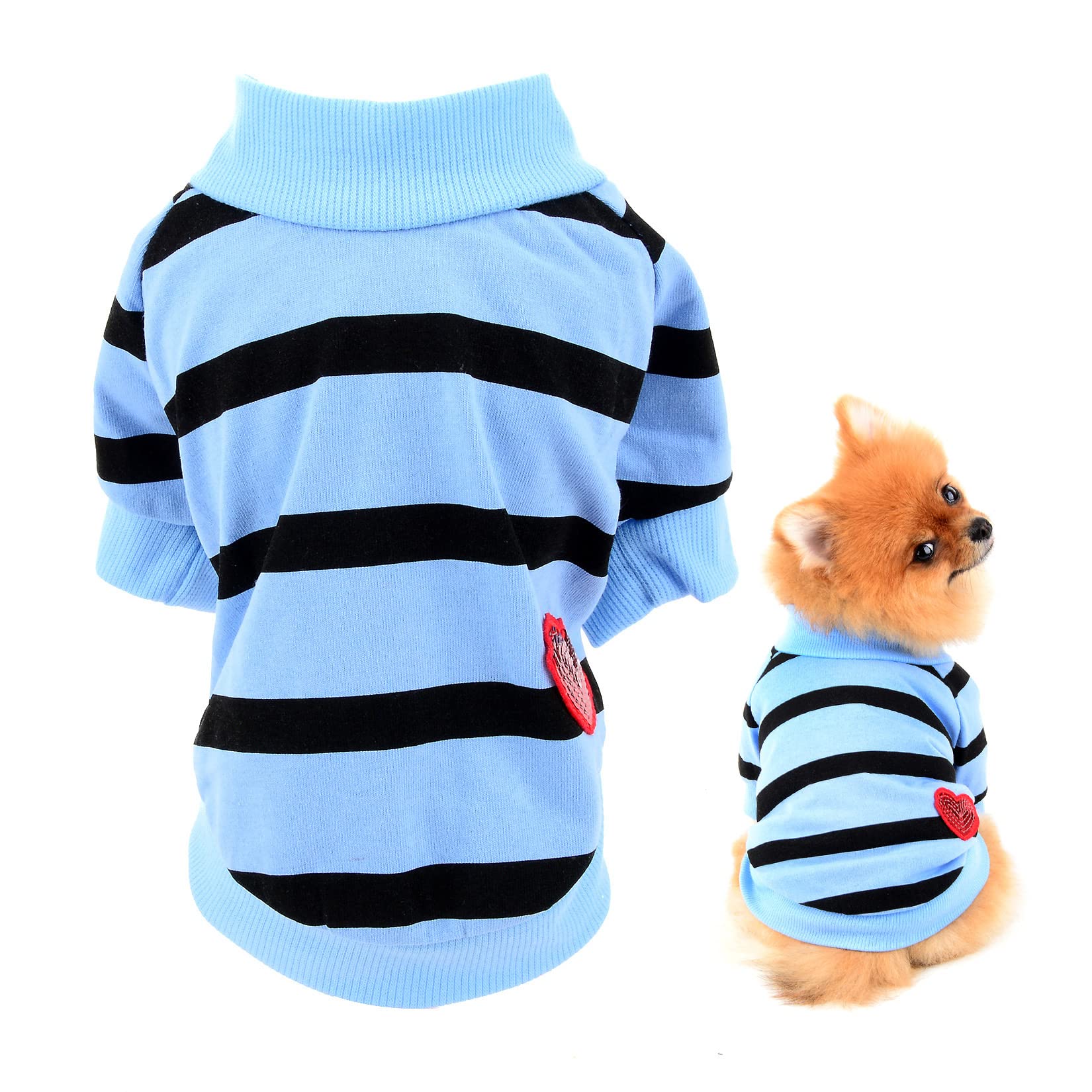 SMALLLEE_LUCKY_STORE Cotton Striped Shirt Puppy T-shirt Tee for Small Medium Dog Cat Boy Girl with Bling Red Heart Pet Summer Clothes Yorkie Chihuahua Apparel,Blue,S โ image 1