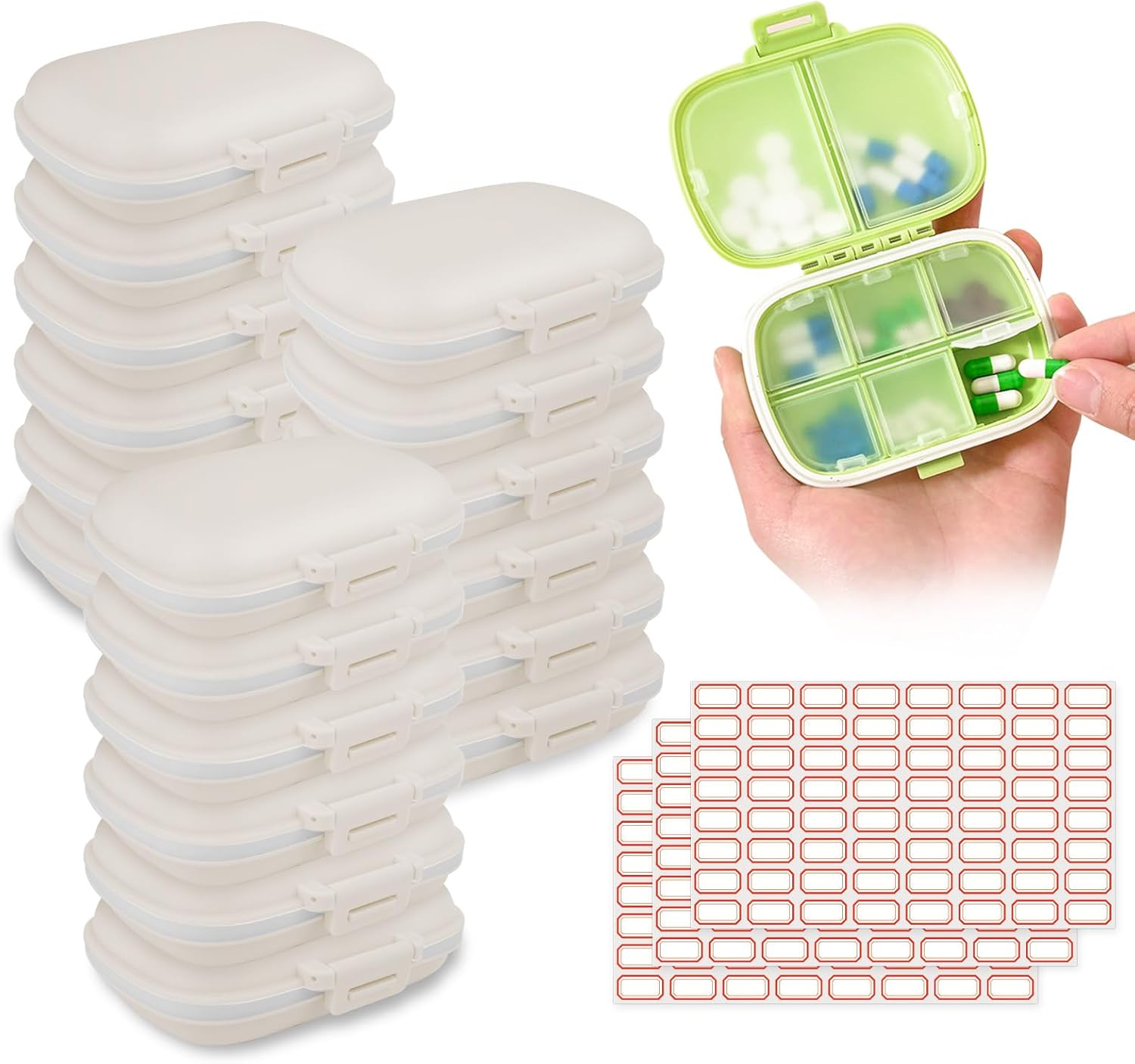 18 Pack Travel Pill Boxes Bulk Small Pill Case Portable Pill Organizer 8 Compartments Pill Box Dispenser Daily Vitamin Jewelry Organizer Travel Must Haveswith(White with 192 Pcs Labels)