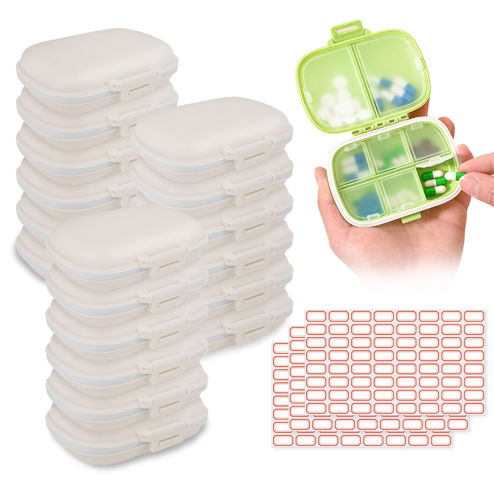 Photo 1 of 18 Pack Travel Pill Boxes Bulk Small Pill Case Portable Pill Organizer 8 Compartments Pill Box Dispenser Daily Vitamin Jewelry Organizer Travel Must Haveswith(White with 192 Pcs Labels)