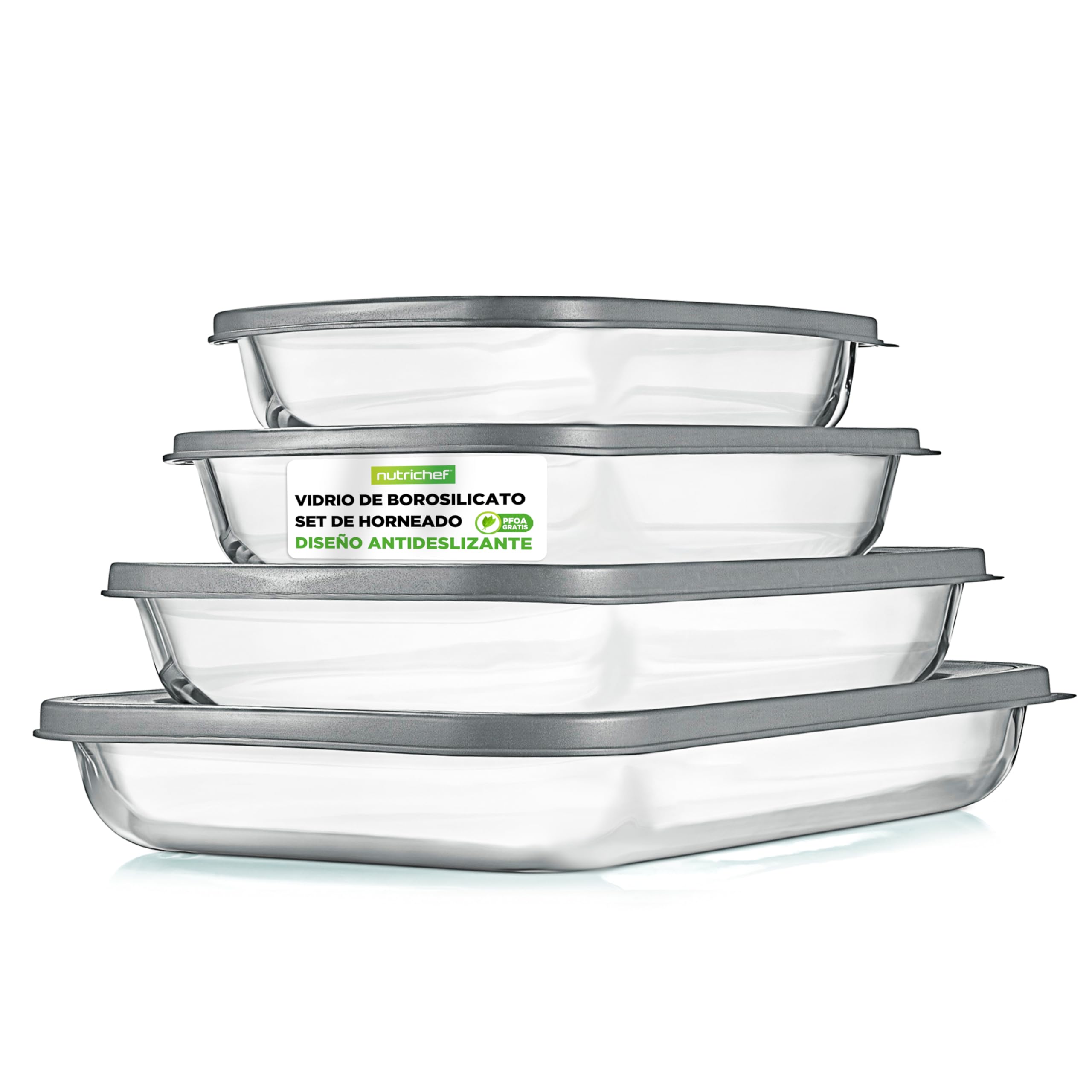 NutriChef fuentes refractarias rectangulares de cristal con tapa, Bandejas de horno apilables para lasaña y cazuela, Para microondas, Lavavajillas, Nevera y congelador, 8 piezas