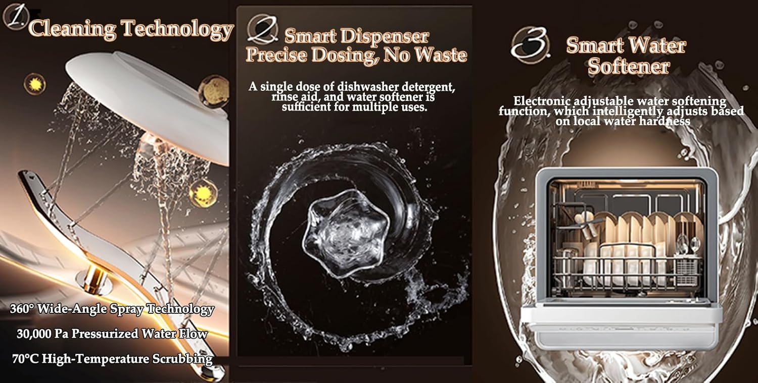 Countertop Dishwasher, Portable Dishwasher，4-Program System for Home,4-Place Setting,Compact Dishwasher,360° Wide-Angle Spray, 70°c， Smart Drying,Available Appointment Times