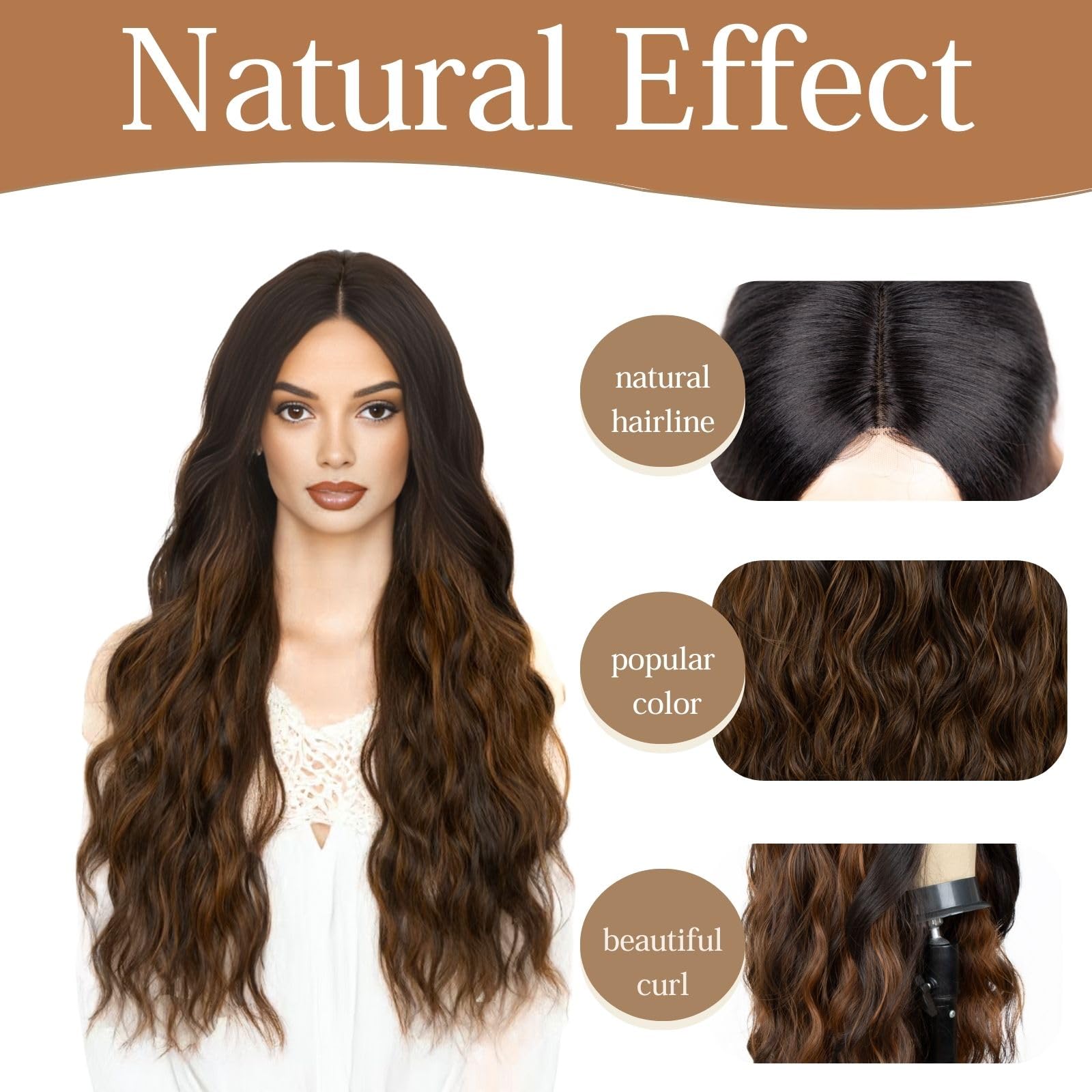 26 inch Lace Hairline Brown Mixed Highlight Wigs for Women, Middle Part Long Curly Wig Heat Resistant Synthetic Hair Looking Natural, Fiber Wig for Daily Party Use