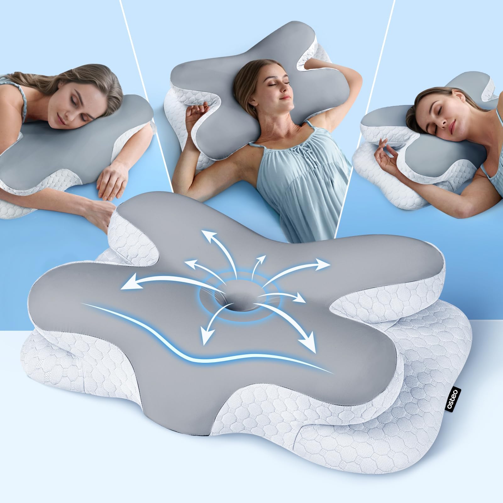 Osteo Enjoy Pain Relief Sleeping Cervical Neck Pillow, Ergonomic Contour Zoned Fits Side Sleeper, Non-Temperature Affected Memory Foam Pillows, Q-max Cooling Pillow Support Back Stomach Sleepers
