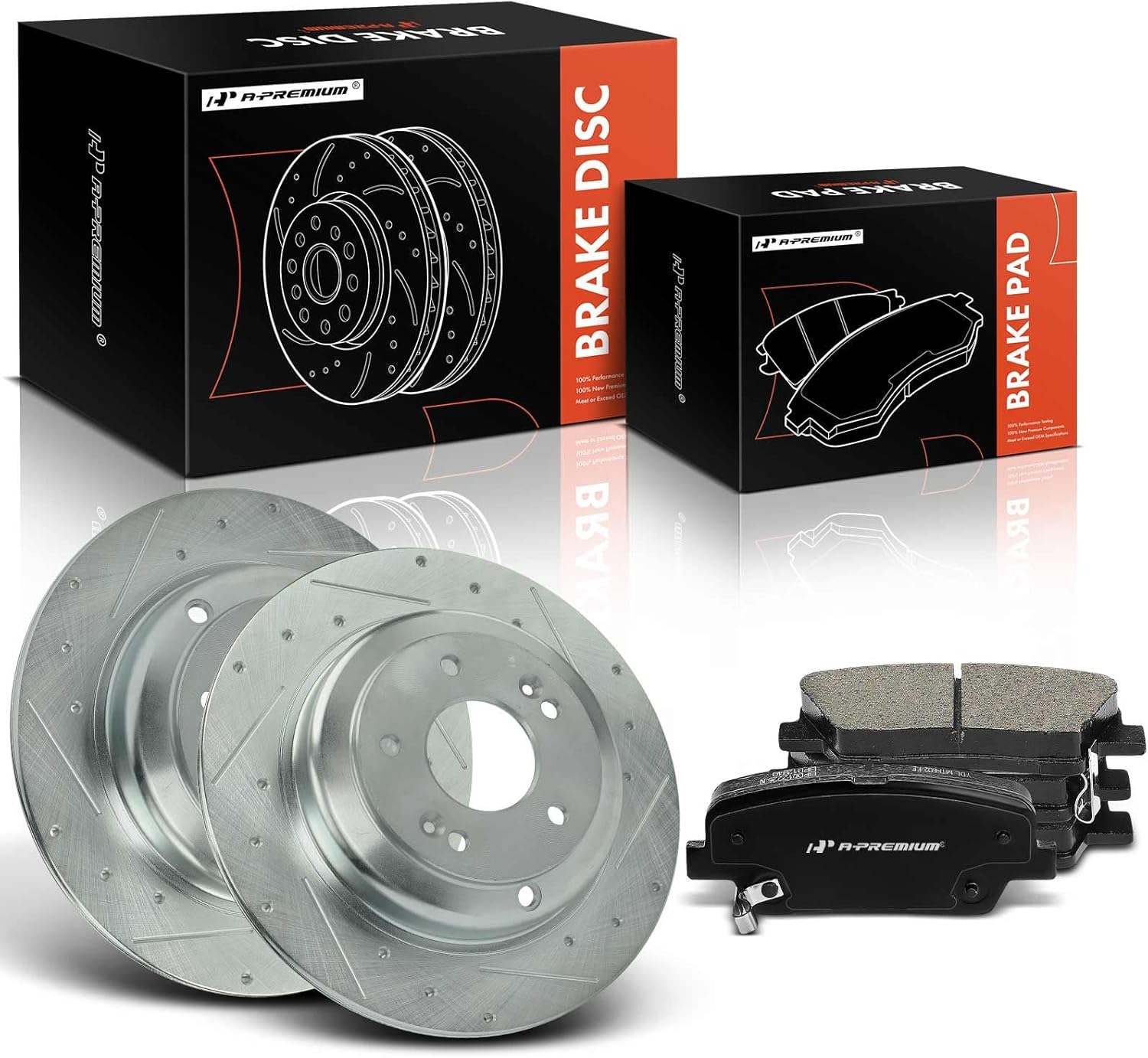 A-Premium 12.36 inch (314mm) Rear Drilled and Slotted Disc Brake Rotors + Ceramic Pads Kit Compatible with Select Hyundai Models - Genesis Coupe 2010-2016, 6-PC Set