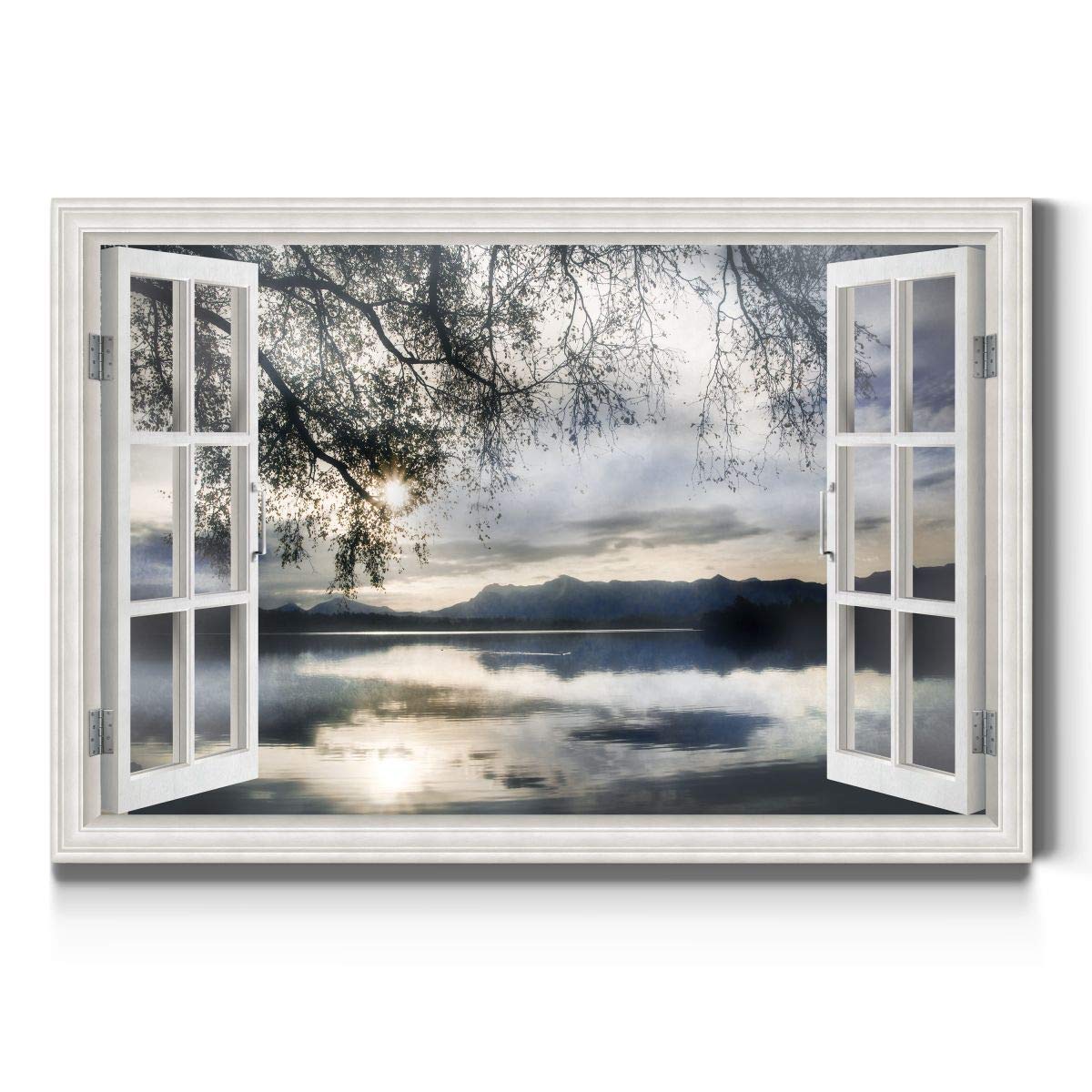 renditions gallery canvas nature wall art home paintings & prints serene mountain lake reflection modern winter window view wall hanging decorations for bedroom office kitchen - 24"x36" lt21