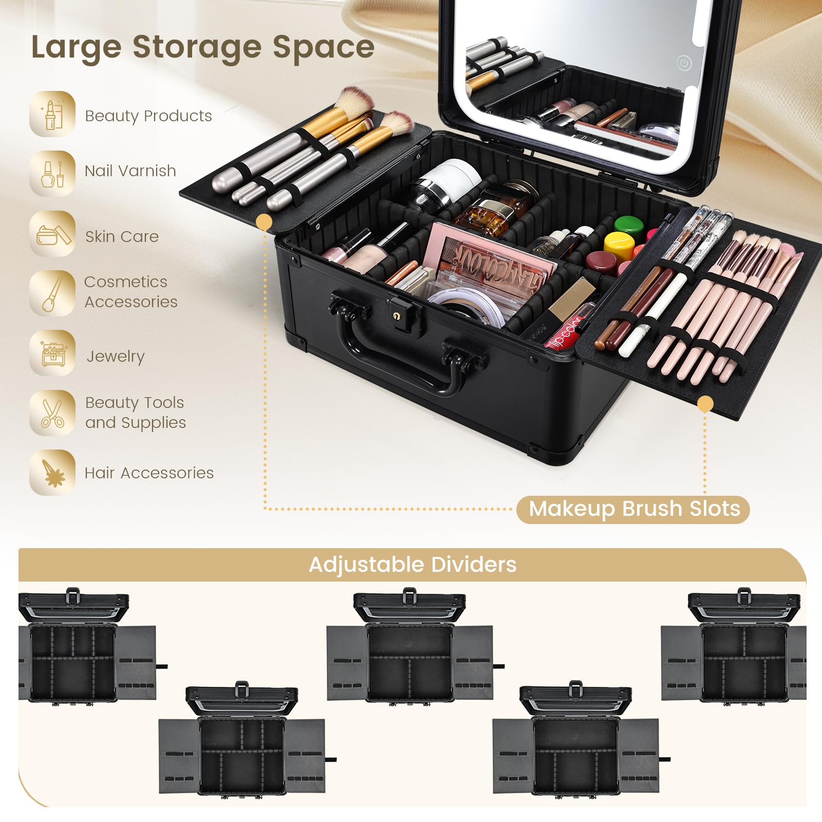 Maletin Maquillaje con LED Grande Maletín Organizador Maquillaje portátil de Cuero PU Estuche Maquillaje con Espejo extraíble Neceser Maquillaje con Soporte para brochas de Maquillaje, Negro