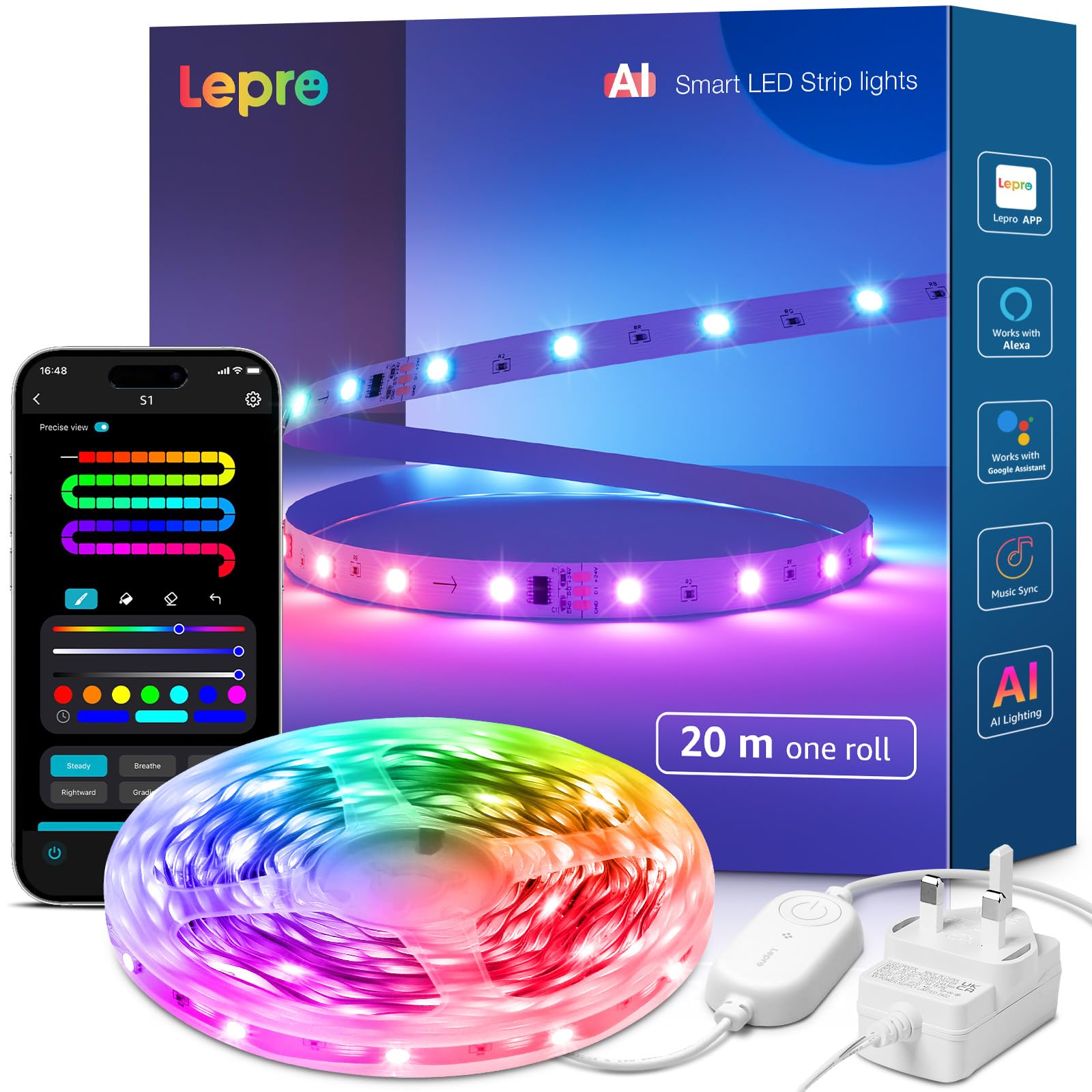 Lepro Lepro S1 AI Smart Rainbow LED Strip Light 20M one roll, App & Voice Control, Works with Alexa & Google Home, 30 LEDs/M, Music Sync, AI Lighting Design Assistant, MagicColor LED Lights for Bedroom