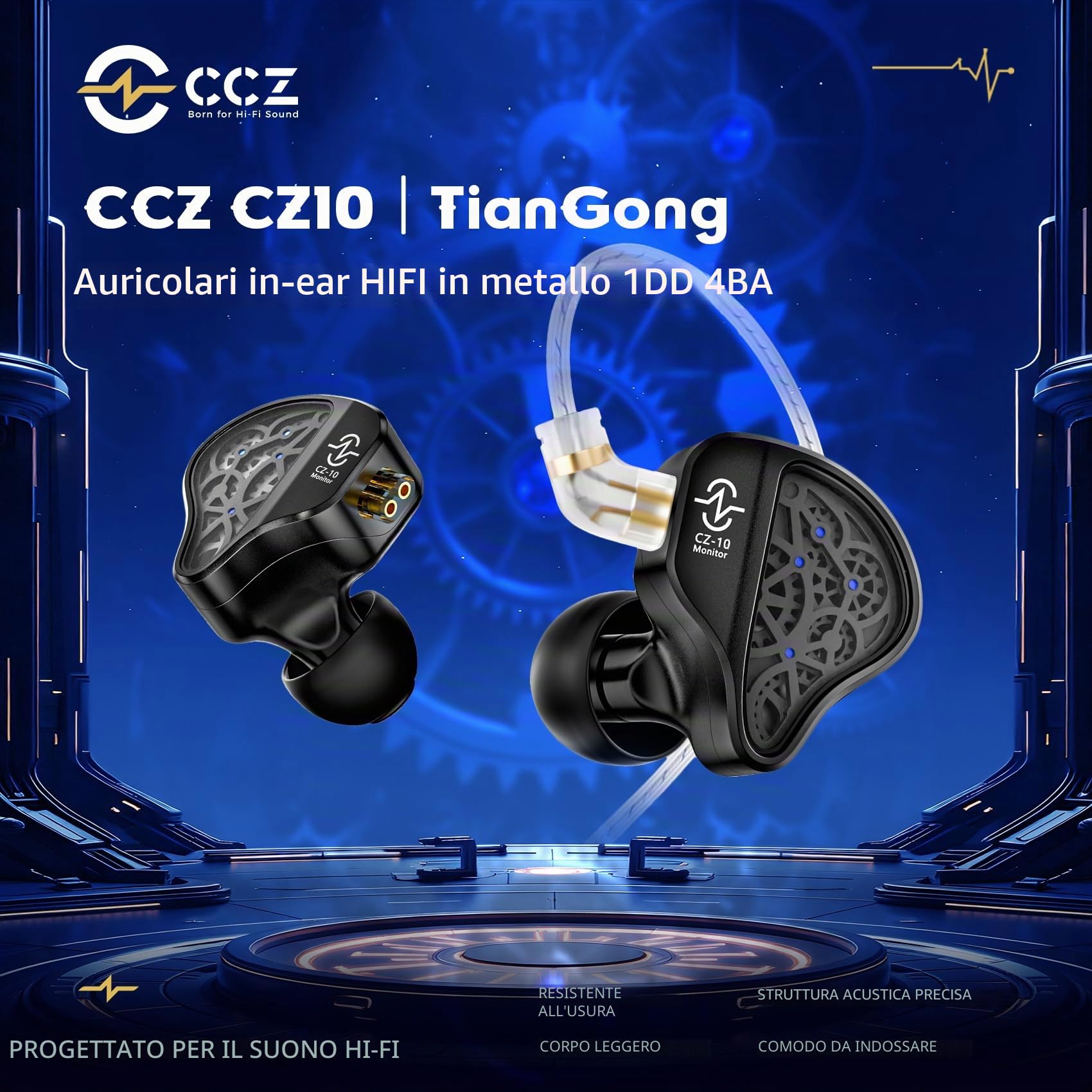 Yinyoo CCZ CZ10 - Auricolari da gioco cablati Iems 1DD+4BA, alloggiamento in lega di zinco, monitor in-ear con cavo OFC staccabile per audiofili, giocatori