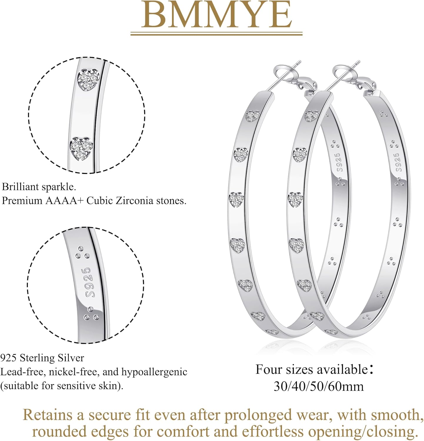BMMYE Sterling Silver Hoop Earrings for Women Lightweight Gold Hoop Earrings with Heart Cubic Zirconia 20/30/40/50/60/70mm Hypoallergenic Hoops - Image 9