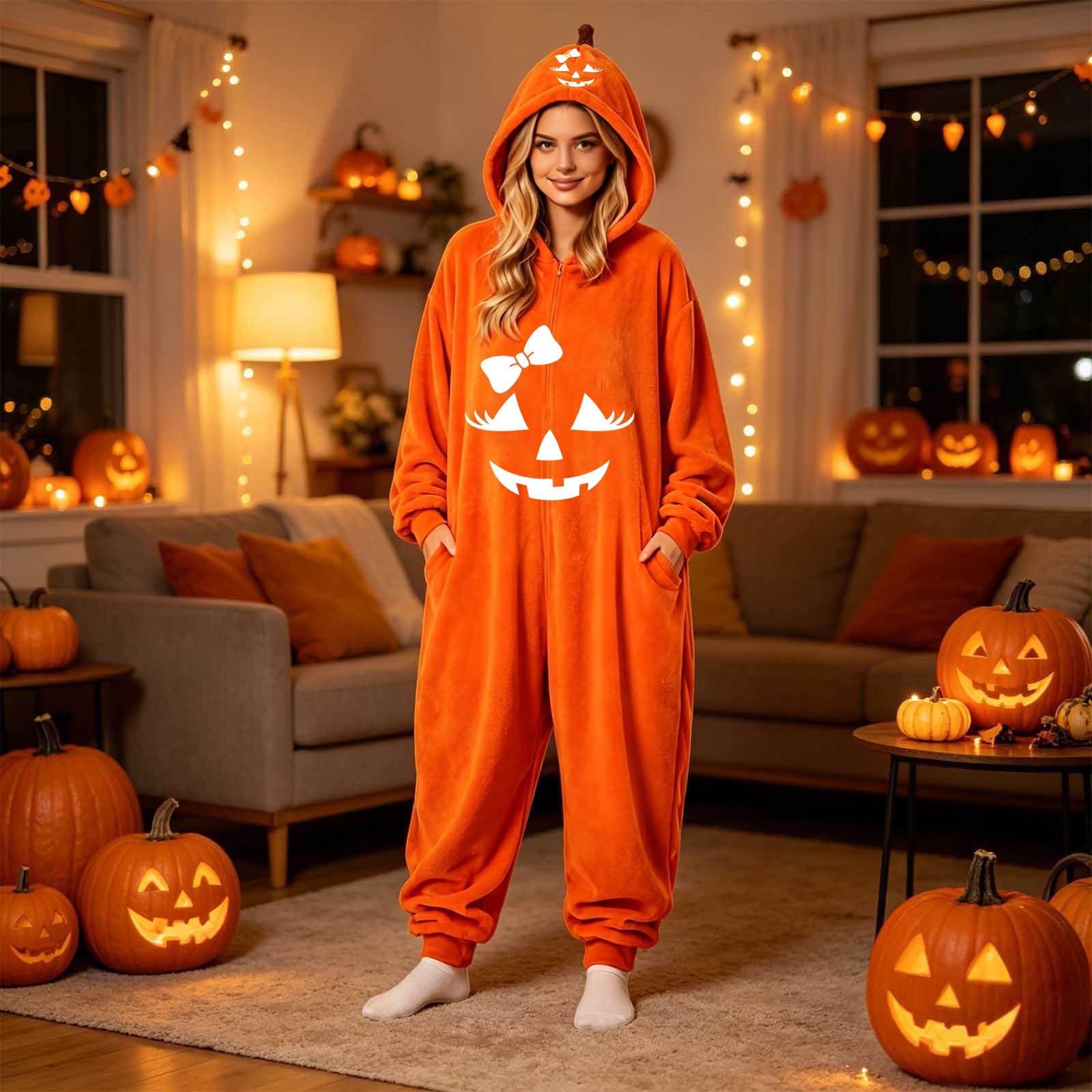 Pigiama Halloween Adulto Tuta Zucca con Cappuccio e Tasche Laterali Tasche Laterali Comode, Pigiama Halloween Adulto, Tuta Zucca Calda per Casa e Occasioni Speciali