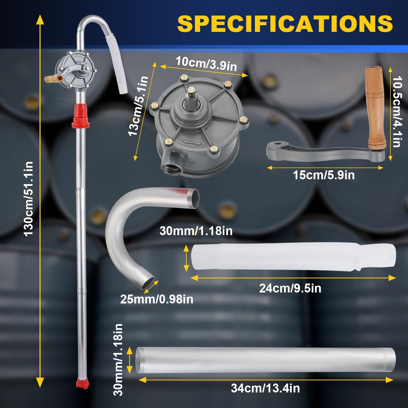 DASBET Pompe à baril d'huile en aluminium rotative à manivelle - Pompe à tambour manuelle - Pompe de transfert de carburant à manivelle - Convient pour fûts de 5 à 190 litres - Pour transfert de