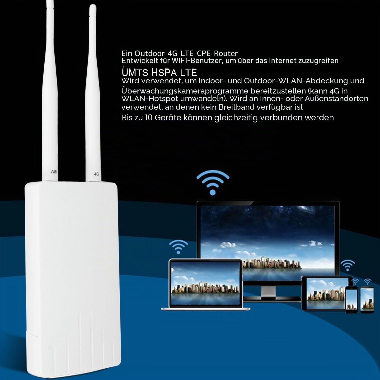 Tosuny 4G LTE CPE-Router mit Zwei Externen Antennen mit Hoher Verstrkung, 150 Mbit/s Mobiler WLAN-Router fr den Auenbereich mit SIM-Kartensteckplatz fr Zuhause/Bro