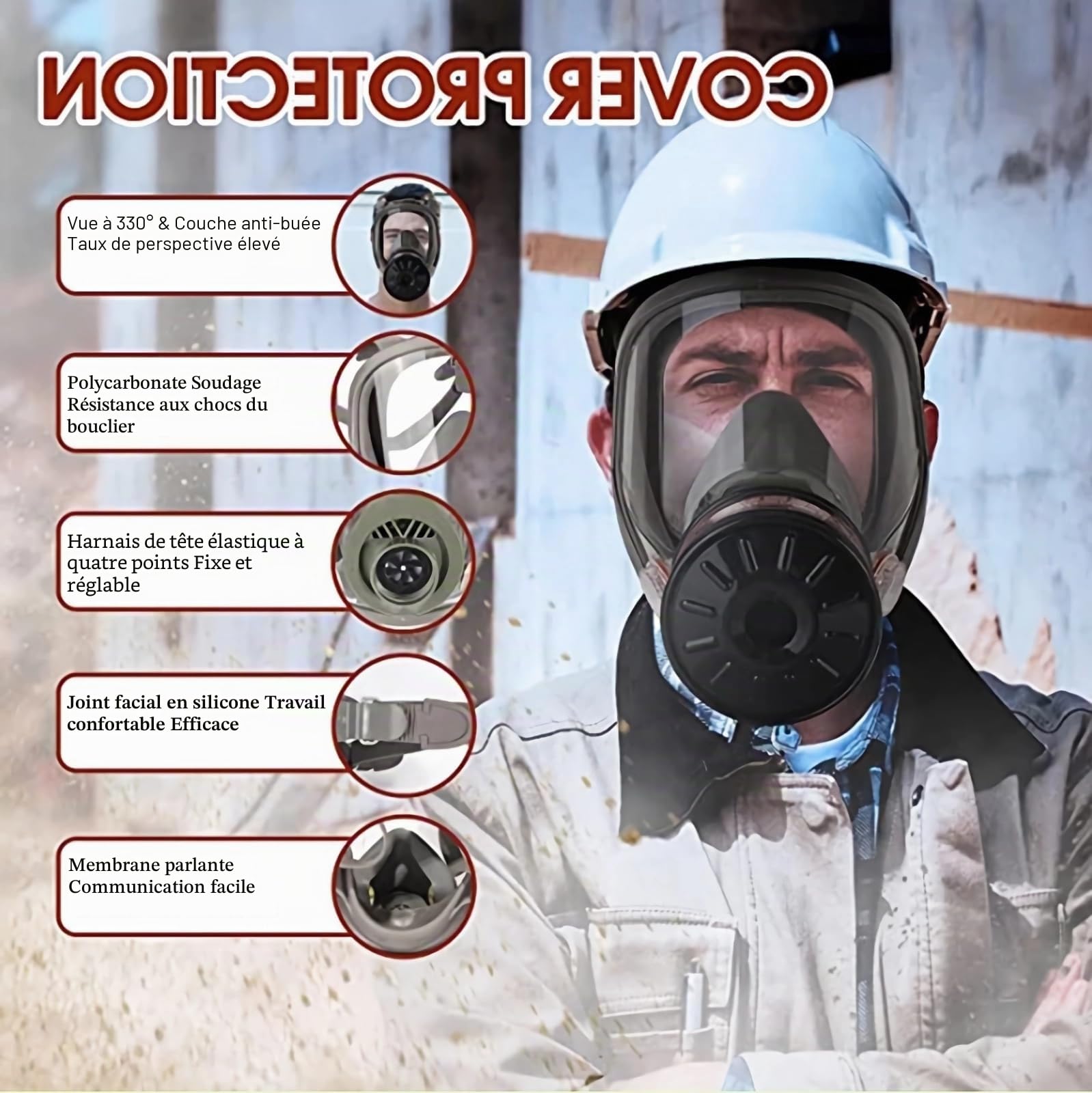 Masques à gaz réutilisables couvrant le visage entier utilisent des filtres à charbon actif de 40 mm, pour la peinture par pulvérisation, les pesticides, l’industrie chimique, la décoration