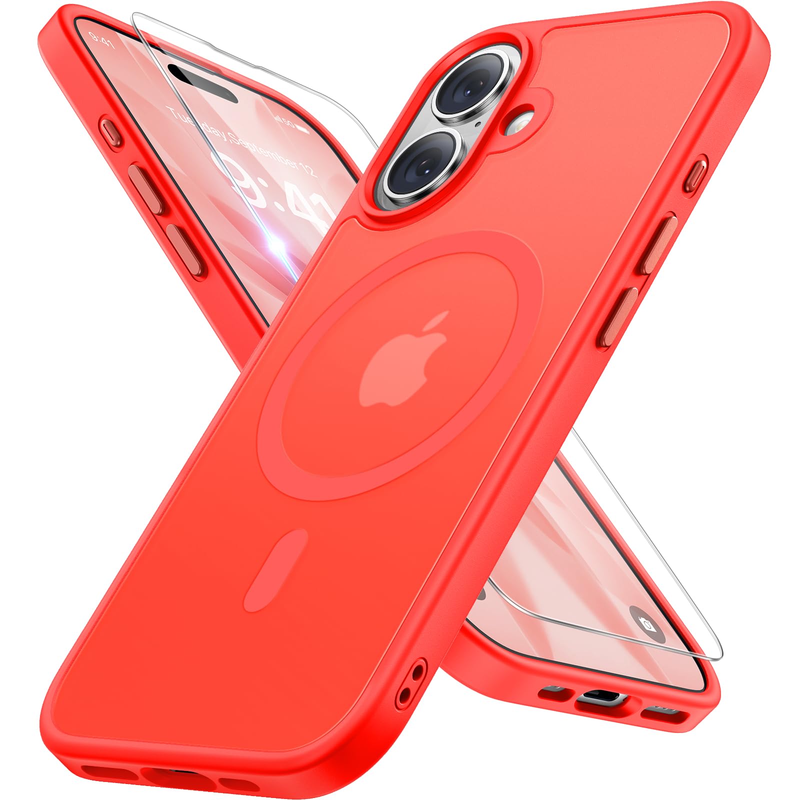 miracase Magnetic for iPhone 17 Case (Compatible with MagSafe) with Screen Protector Military-Grade Protection, Anti-Fingerprint Translucent Matte Phone Cover for iPhone 17 6.3 inch, Red