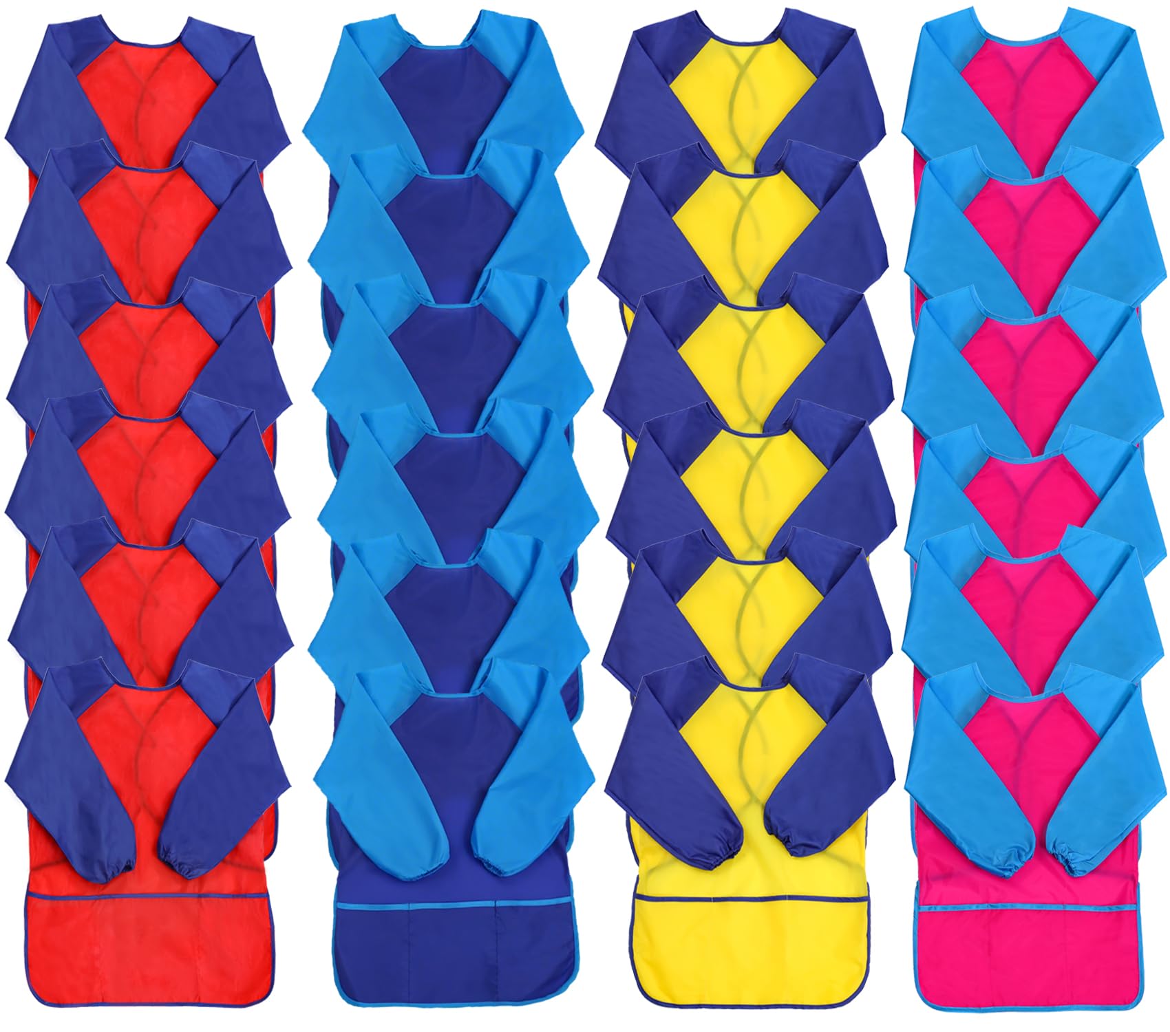 XIEJINJIA 24 Pack Kids Art Smock with Long Sleeve 3 Roomy Pockets Artist Children Aprons for Age 3-8 Cooking Painting Craft (Red/Blue/Yellow/Rose Red) โ image 1