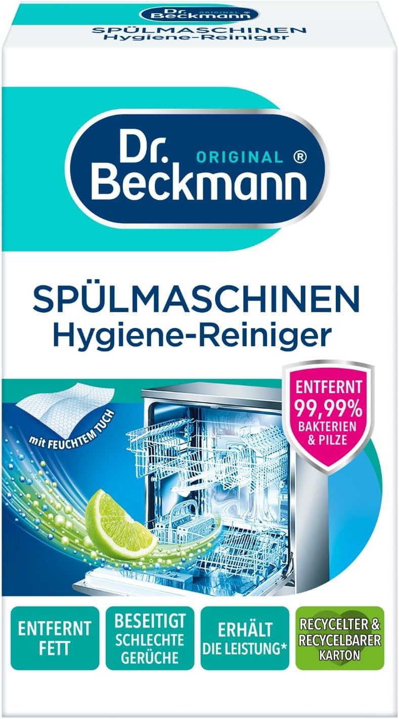 Dr. Beckmann Spülmaschinen Hygiene-Reiniger | entfernt Rückstände, Fett und unangenehme Gerüche | inkl. Spezial-Reinigungs-Tuch | 75 g