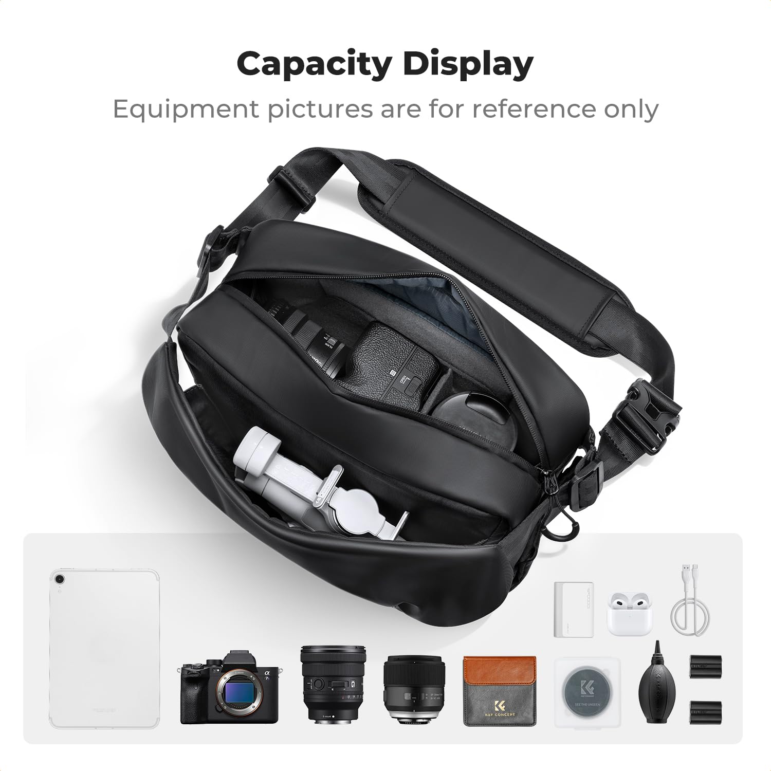 K&F CONCEPT Bolsa Bandolera para Cámara de 7 L, Ligera para Cámaras Mirrorless o DSLR, Bolsa con Bolsillo Lateral Plegable y Acceso Rápido, Divisor Ajustable, Equipo para Fotógrafos, Negro