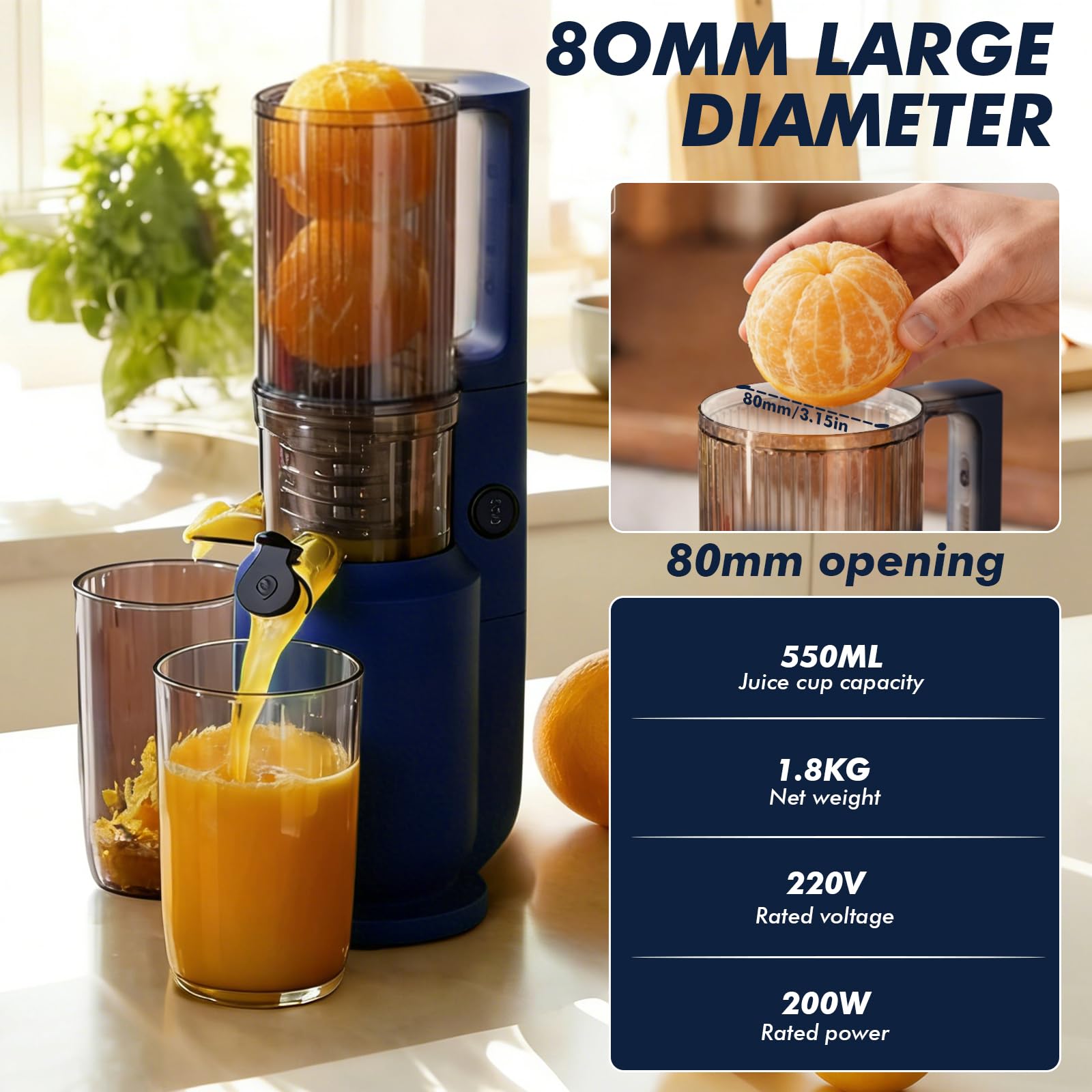 Exprimidor Lento Compacto 200W, Prensa en Frío con Tubo de 80 mm – Exprimidor de Verduras y Frutas para Alto Rendimiento, Sin BPA y Fácil de Limpiar – Licuadora para Frutas Enteras