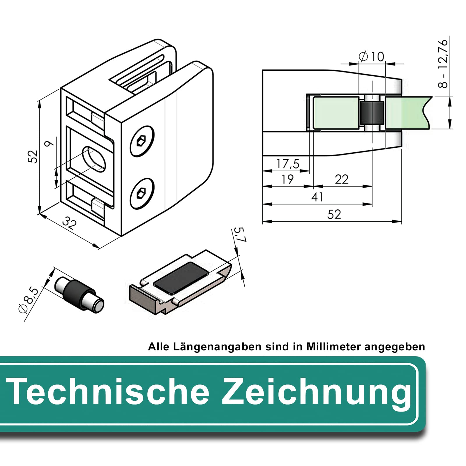 PRIOstahl Glashalter 4 Stück Glasklemme Klemmhalter Glashalter mit Sicherungsplatte + Sicherungsstift 52 x 52 x 32 mm Anschluss: Flach für Glas 8 mm aus Edelstahl V2A