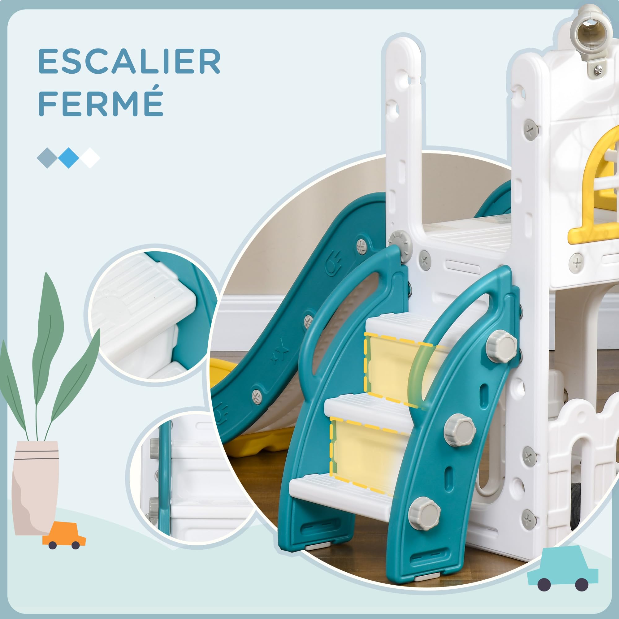 AIYAPLAY Toboggan pour Enfant 5 en 1 avec Panier de Basket Télescope Jaune | Espace de Rangement, Ballon, Escalade Antidérapante, Aire de Jeux Intérieur et Extérieur, pour Garçons et Filles 1-3 Ans
