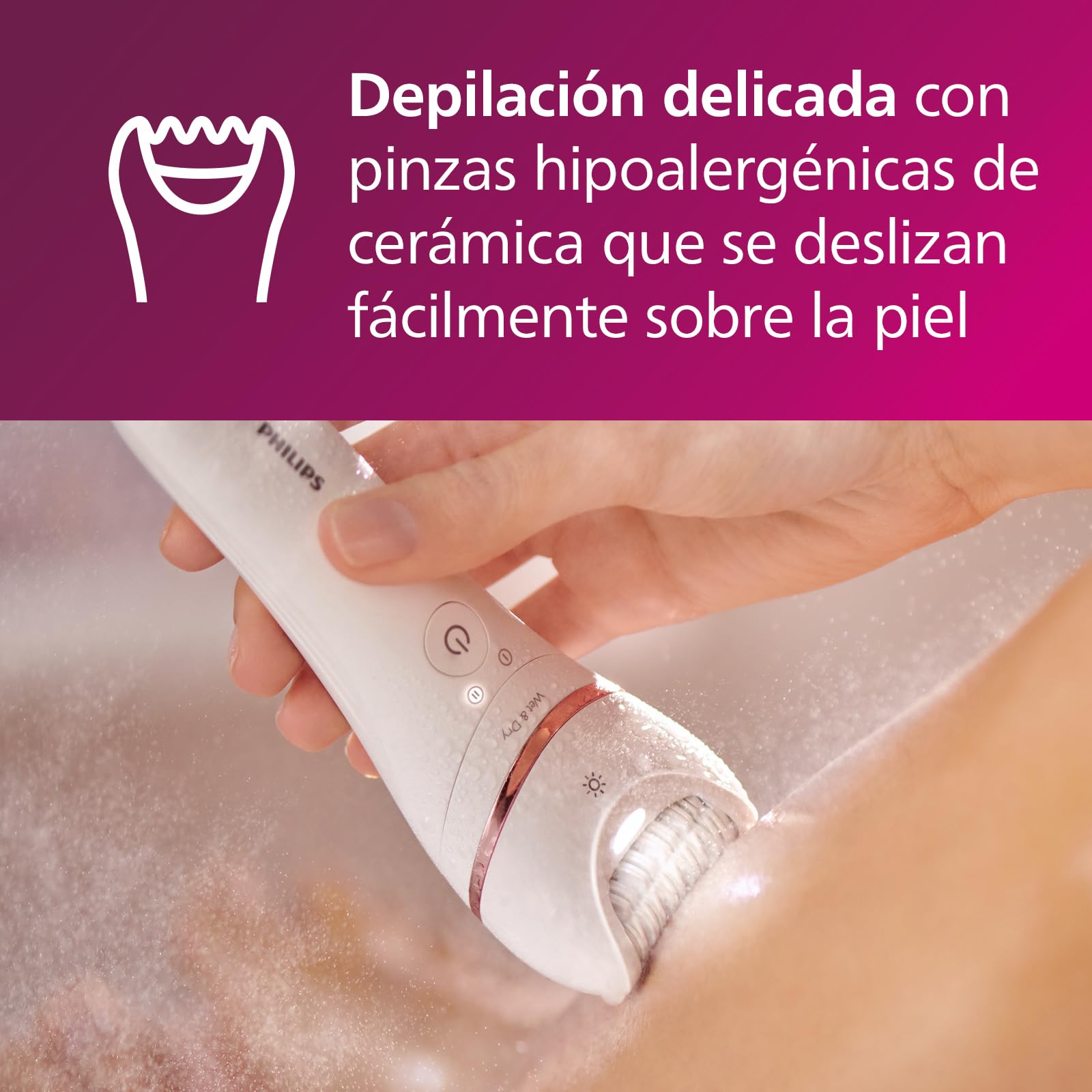 Philips Depiladora Mujer Serie 8000, 9 en 1, Para Cuerpo, Cara, Pies y Bikini, Uso en Seco o Humedo, Piel Suave desde Casa, Cabezal Ceramico, BRE740/10, Blanco