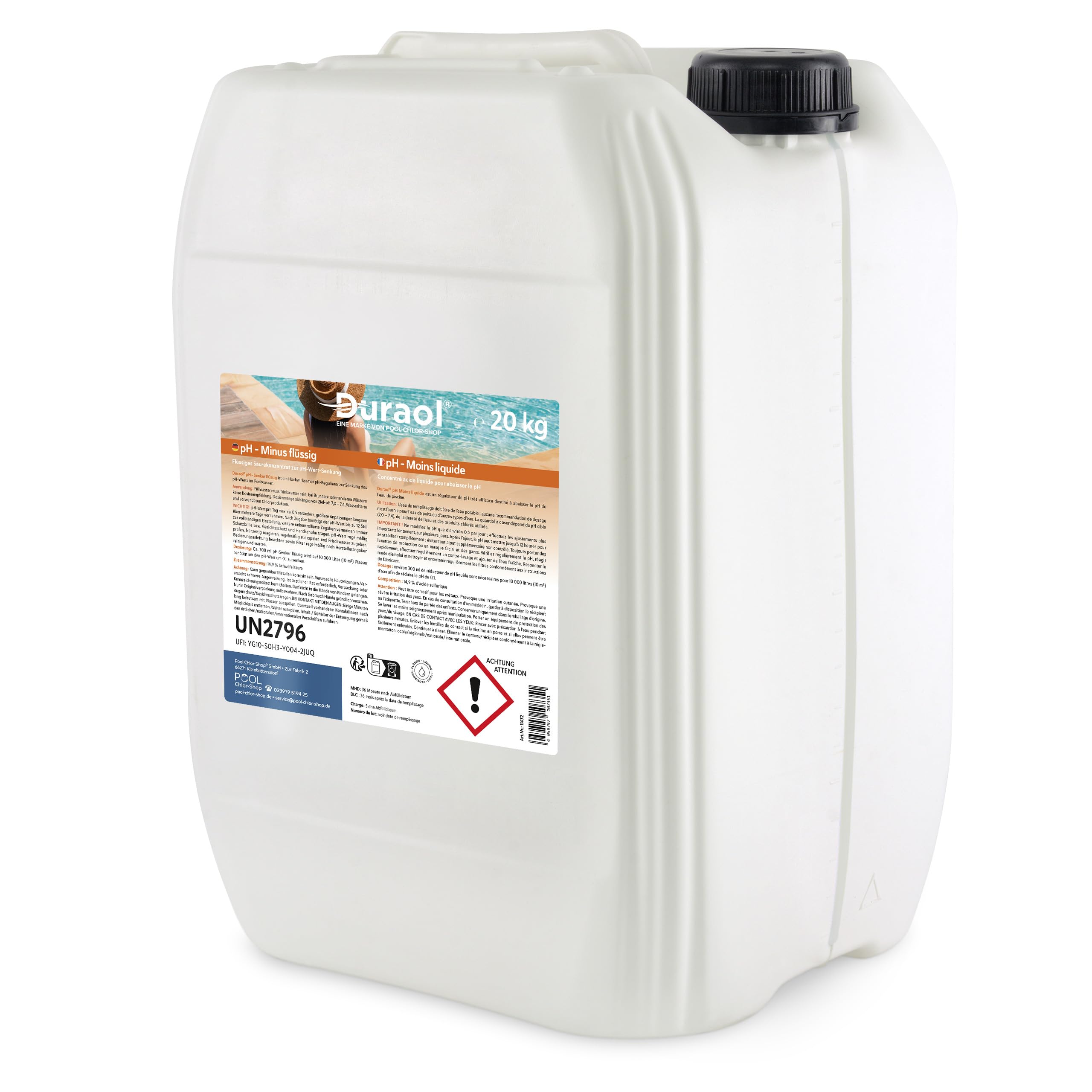 pH Moins Liquide 20 kg – Réducteur de pH pour Piscine à l'acide Sulfurique <15% – sans Acide Chlorhydrique – pour Dosage Automatique ou Manuel
