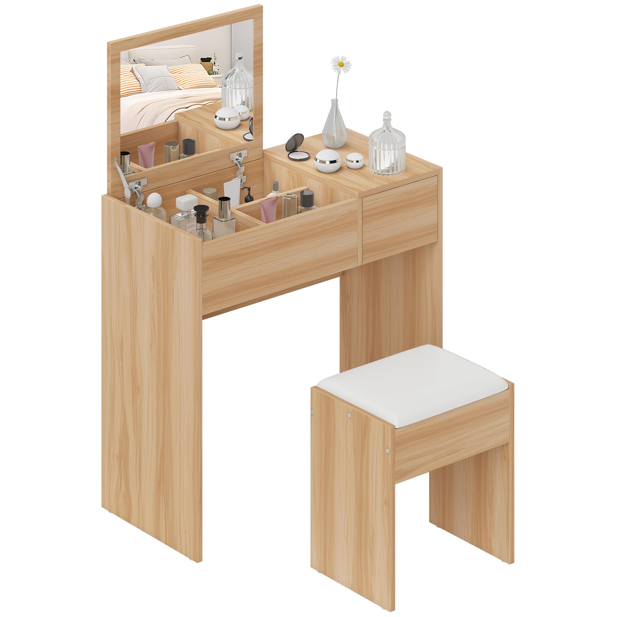HOMCOM Dressing Table Vanity Desk, Flip-Up Mirror, Cushioned Stool, Natural
