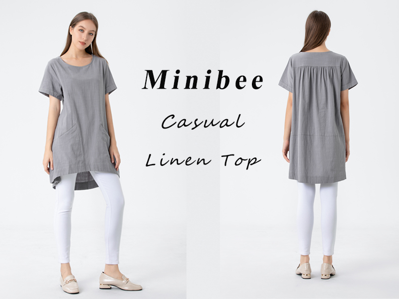 Minibee Women's Cotton Linen Short Sleeve Tunic/Top Tees (M, Beige