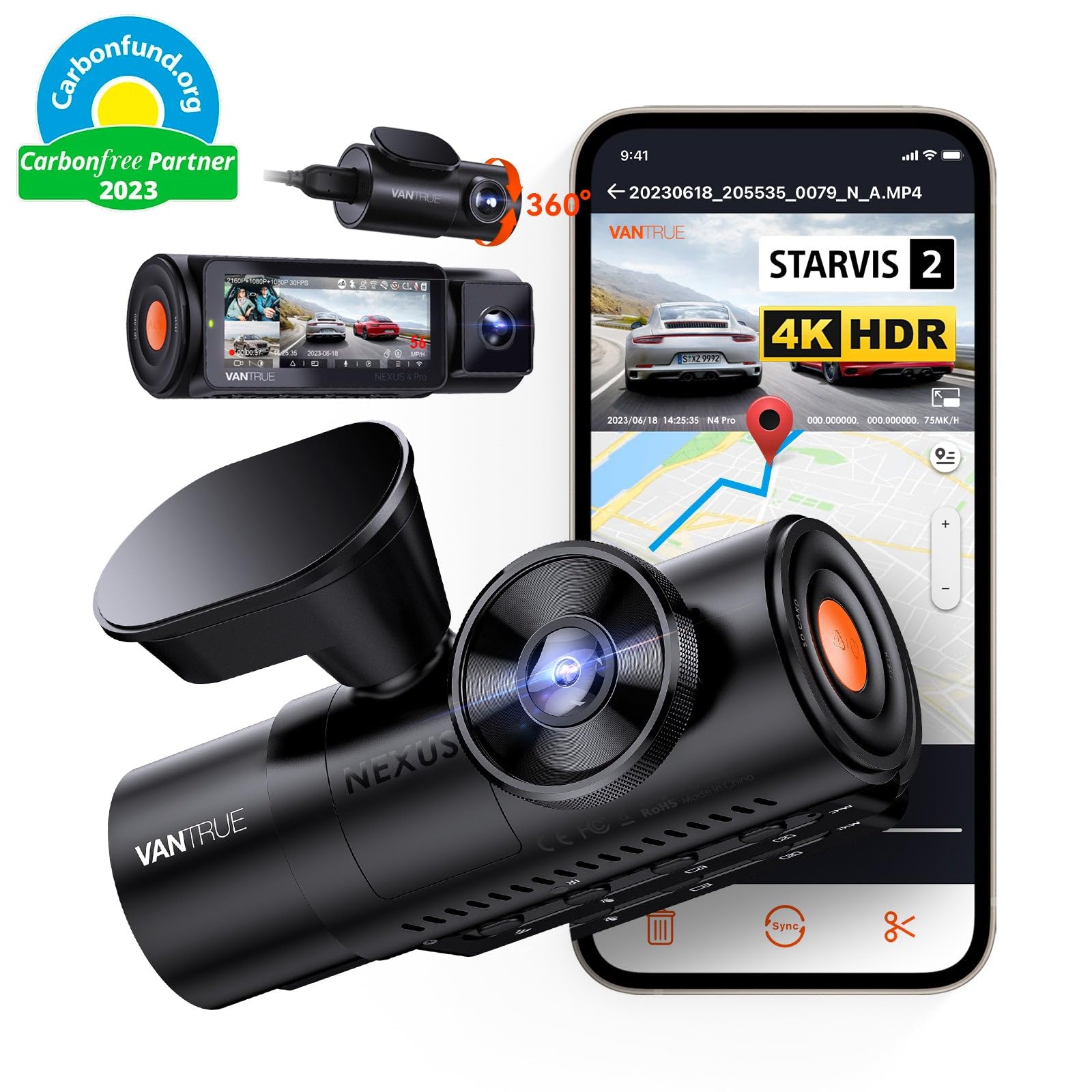 Vantrue Nexus 4 Pro S 3 Kameralı 4K UHD Wi-Fi GPS Araç Kamerası | 3 Kamera ila ayrı ayrı kayıt