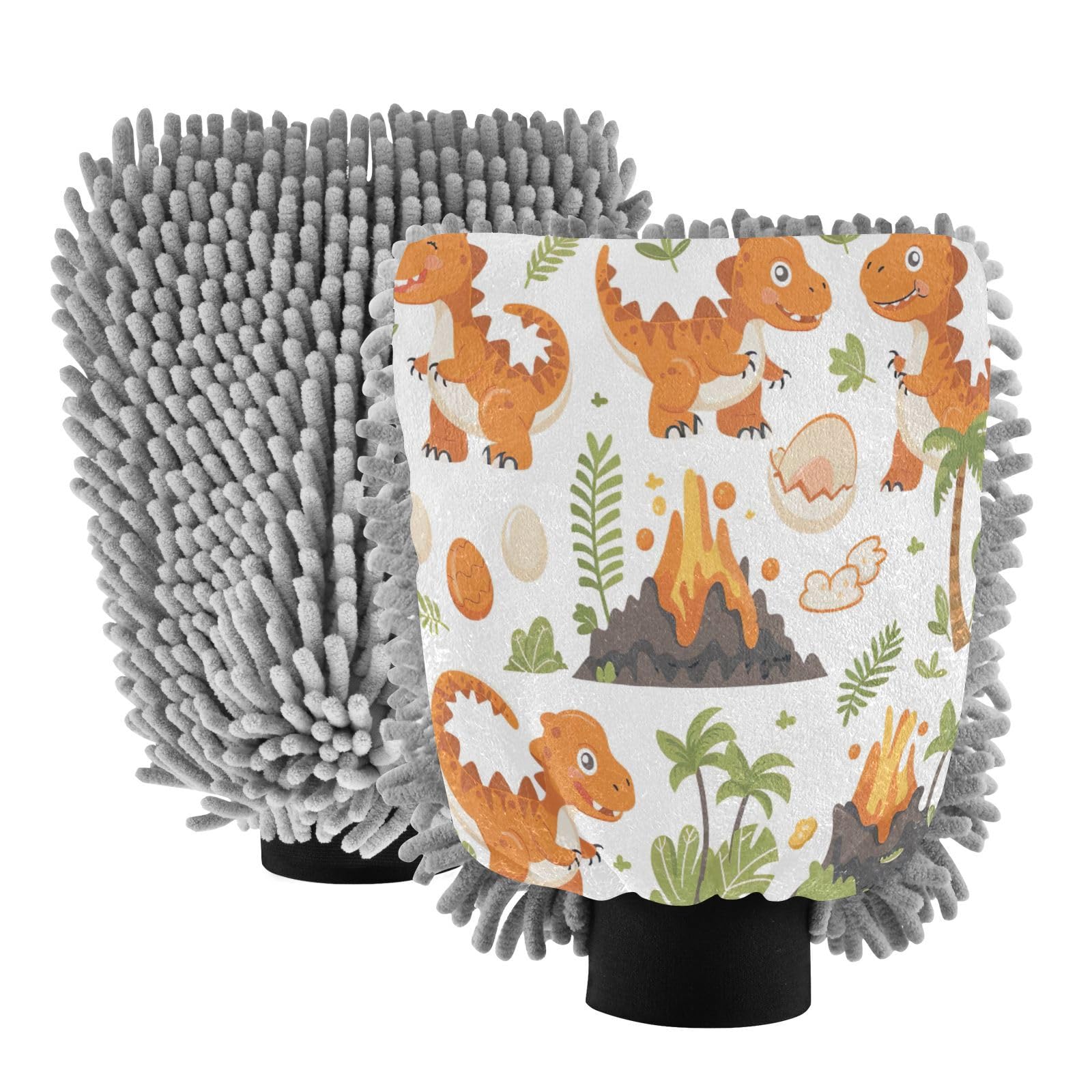 Kigai Cartoon Dinosaur Car Wash Mitt Microfiber, 2Pcs Scratch Free Lint-Free, Premium Chenille Microfiber Mitt Car Wash Brush-M