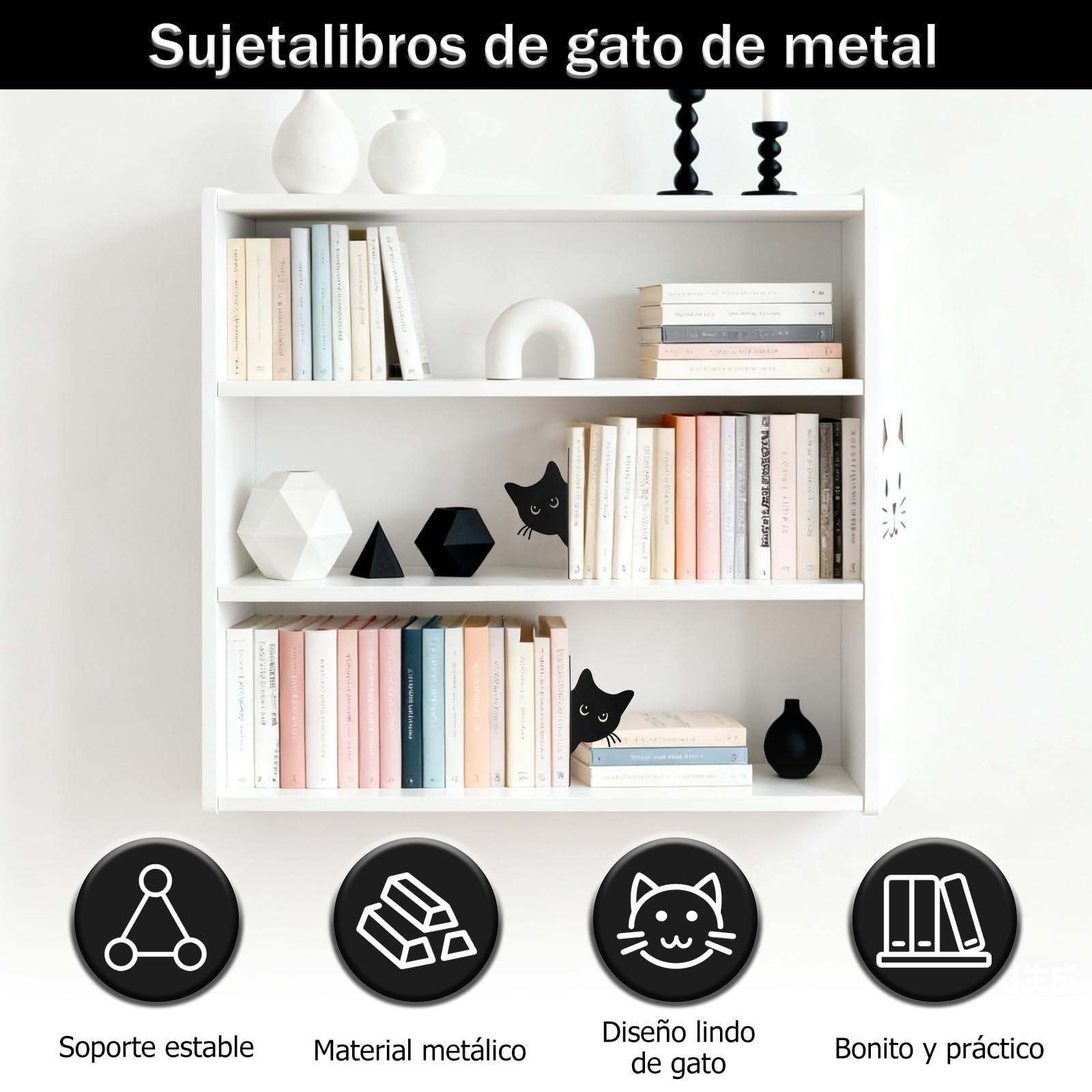 Sujetalibros de Metal, Pack de 2 Sujetalibros Gato Decorativos, Soportes para Libros Estantes, Oficina, Hogar, Negro