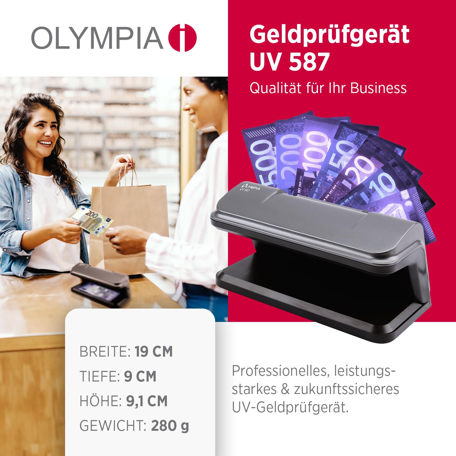 Olympia Detector de billetes UV 587, luz UV 365 nm, 2 LED UV 3 W, comprobador billetes falsos USB