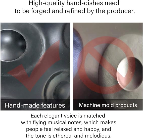 Hand Drum Instrument - D Minor 9 Notes (D3/A3/bB3/C4/D4/E4/F4/G4/A4) 22 inches Diameter (Full Size) PC Steel - with Soft Hand Pan Bag, 2 handpan Mallet