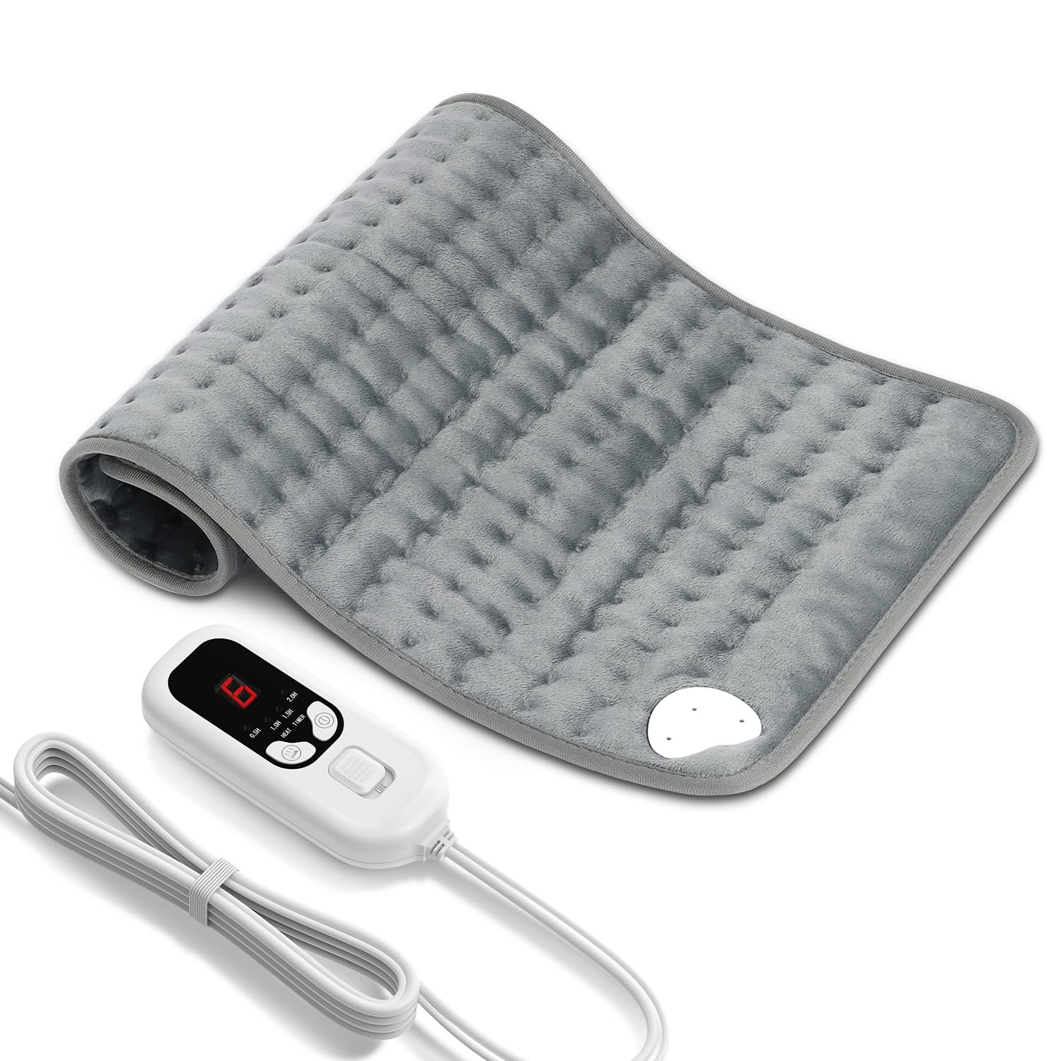 Coussin Chauffant Électrique Dos Épaules Abdomen 6 Niveaux Température 4 Réglages Minuterie Chauffage Rapide Arrêt Automatique Lavable Machine Gris Clair 60 x 30cm
