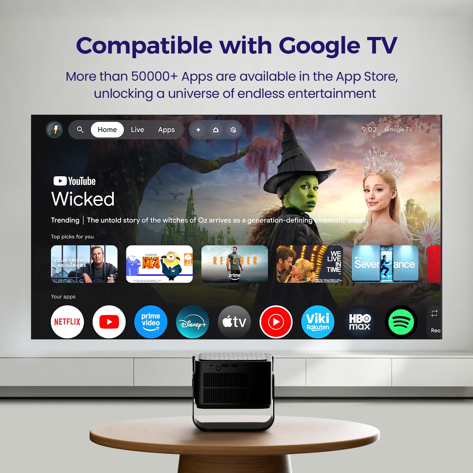 Beamer [Google TV 50000+ Apps & 4K 8K Support 1080p Native Auflösung & Automatische Bildschirmkorrektur] 700 ANSI HDR10+, KI-Sprachassistent, Duale 10W 3D Lautsprecher, Tragbarer Projektor, Schwarz