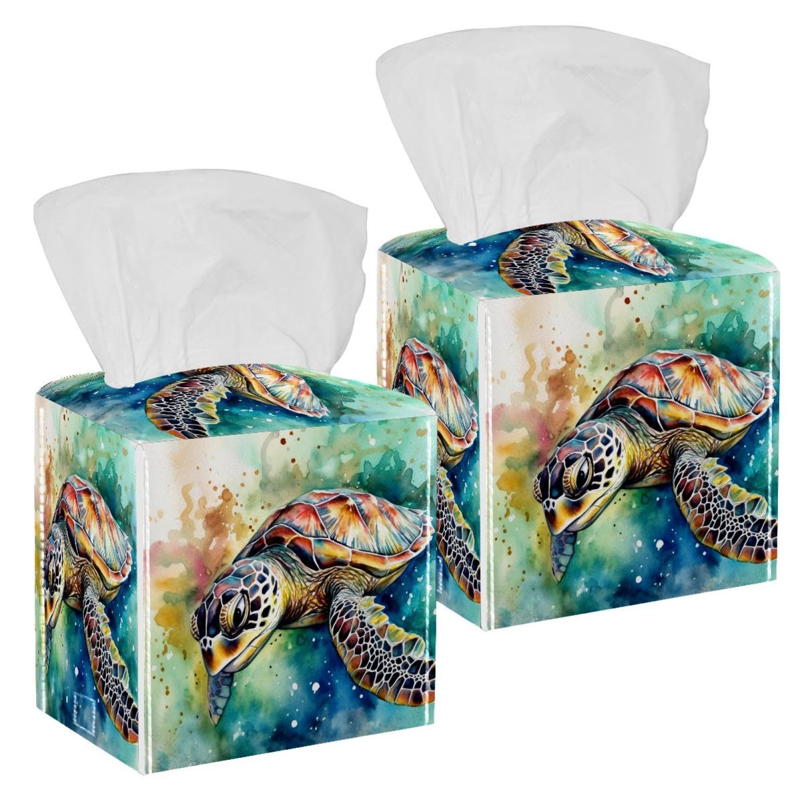 Sea Turtle Tissue Box Cover, 2 Pack PU Leather Square Facial Tissue Dispenser Box holder for Home Office Car