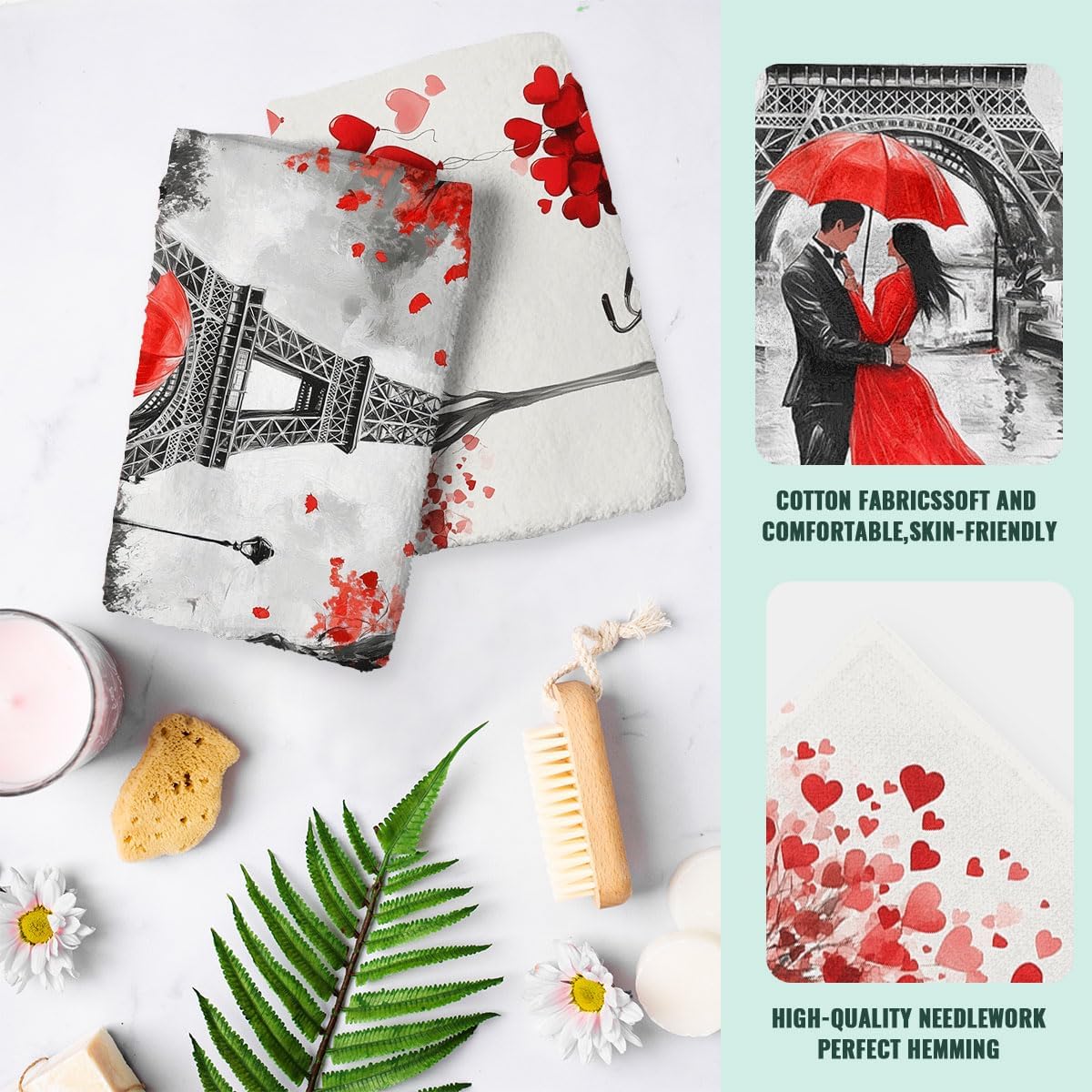 Couple Hand Towels Highly Absorbent Eiffel Tower Red Romantic Bicycle Love Bathroom Kitchen Towels Set of 2 Face Towels for Bathroom Gym Hotel Sport Decor Gifts for Women Man 14"x28" image 4
