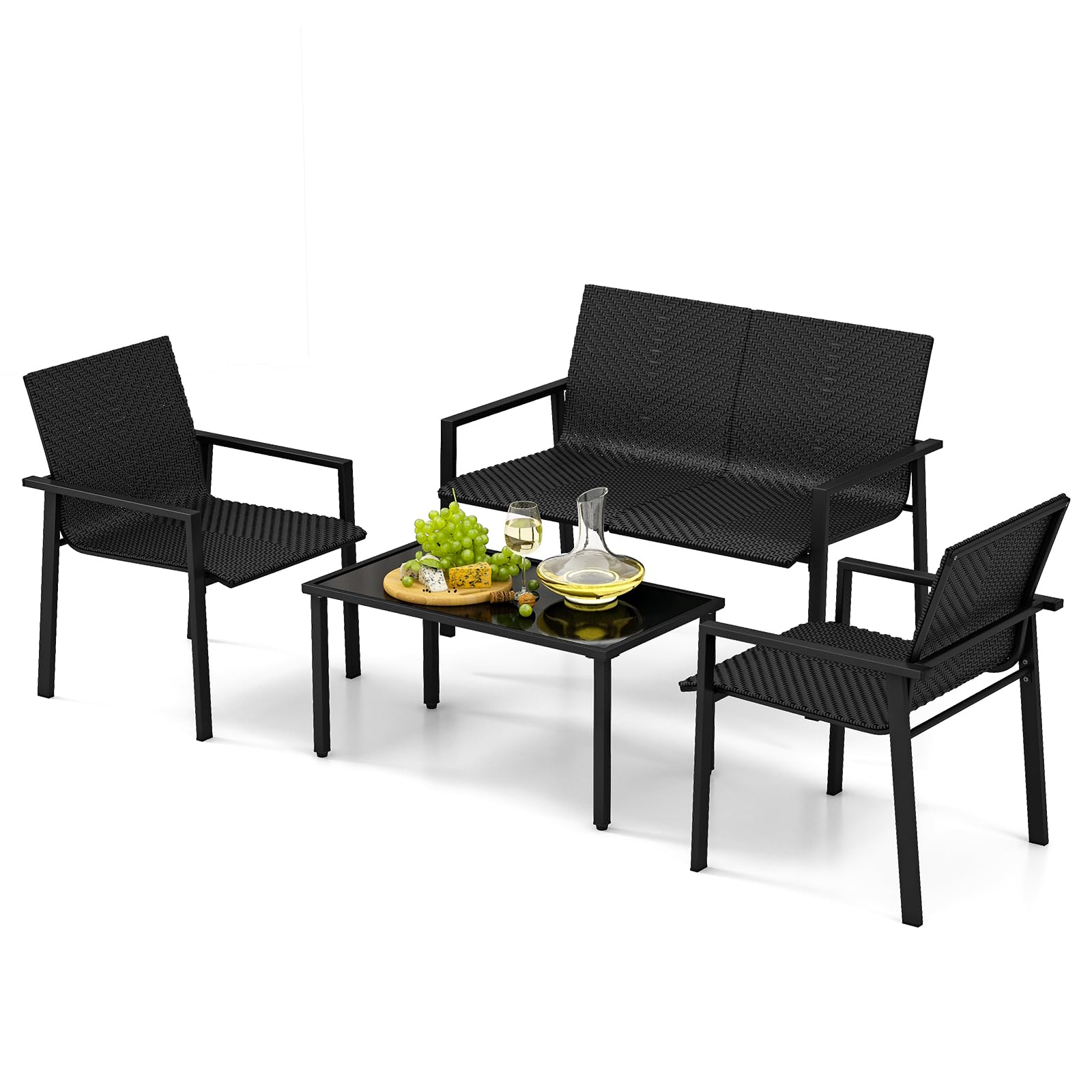 GIANTEX Gartenlounge Outdoor Möbelsets, Garten Lounge Gartenmöbel Set Polyrattan, 4 tlg. Terrassenmöbel, Sitzgruppe 4 Personen Tisch 2 Stühle Sitzbank, Balkonmöbel Kleiner Balkon, Balkonset Wetterfest