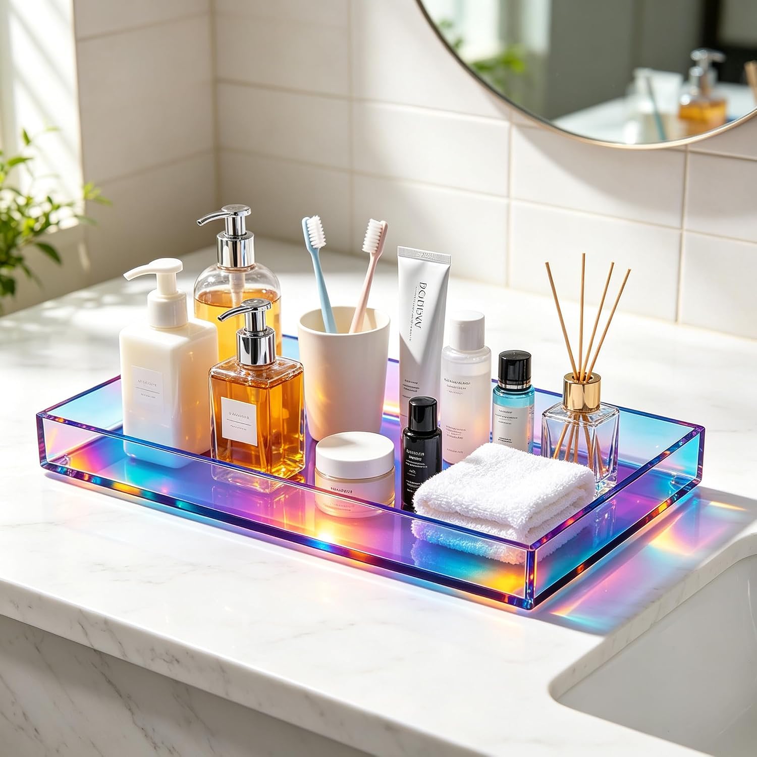 Acrylic Tray for Vanity Makeup Perfume Jewelry 12x6'' Small Decorative Tray for Bathroom Dresser Tops Candle Sink Counter, Iridescent