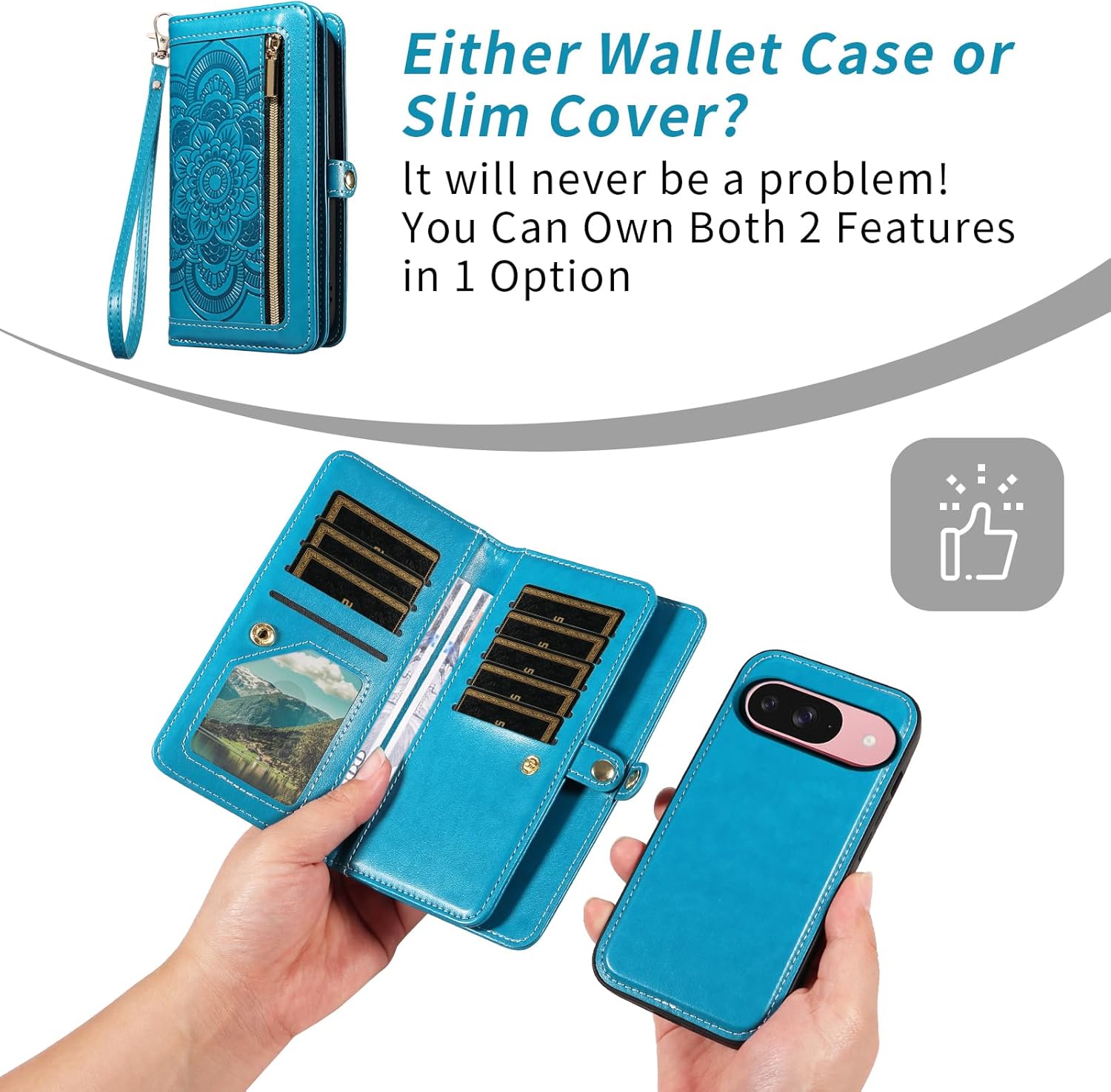 Asuwish Phone Case for Google Pixel 9/9 Pro 5G Zipper Wallet Magnetic Detachable Cell Cover with Tempered Glass Screen Protector Crossbody Strap Mandala Flower Card Holder Pixel9 9Pro Nine Women Blue