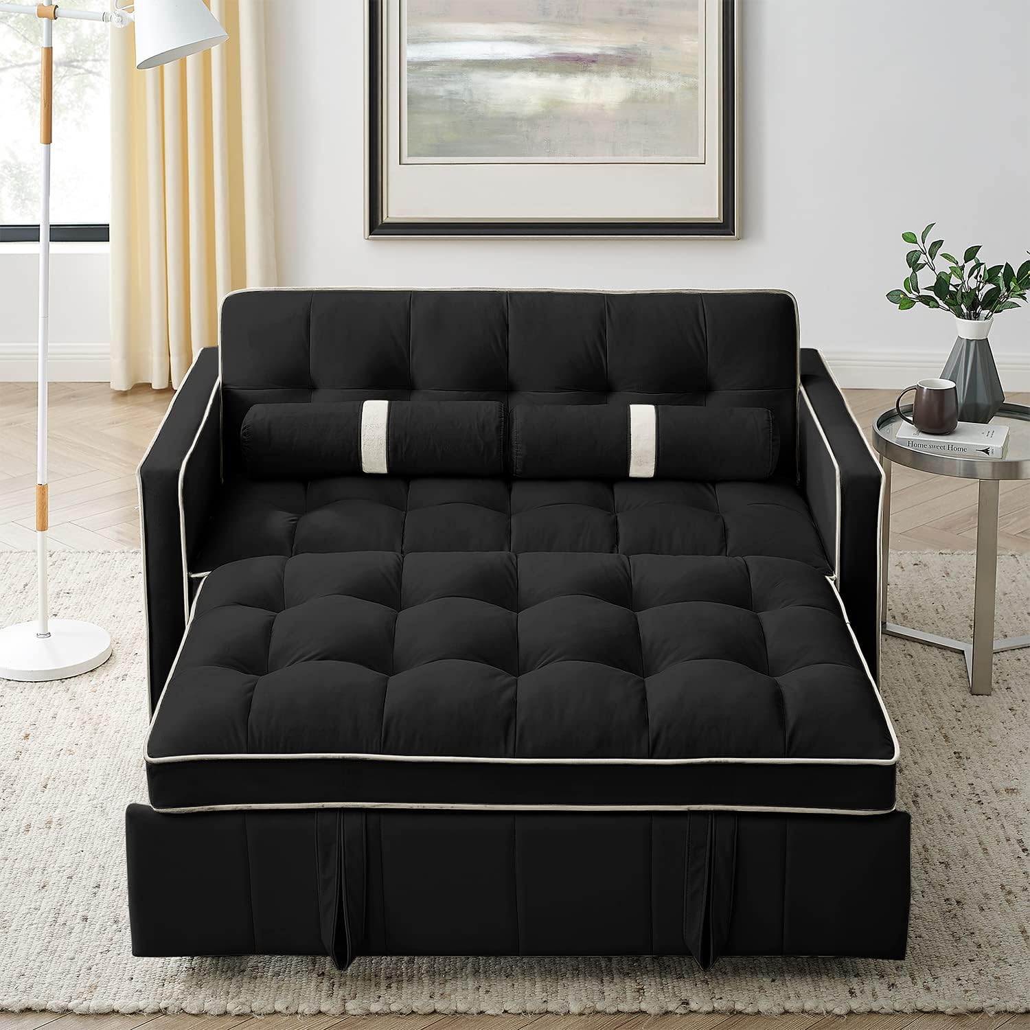 Strona view of the Antetek 3-in-1 Sleeper Sofa showing integrated multi-pockets for storage and built-in USB charging ports.