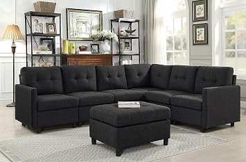 Sectional Sofa Ottoman Set 6 Seater Couch Living Room Modular Sectional Furniture Sets Reversible L Shape Couch Set Dark Grey6 Seats