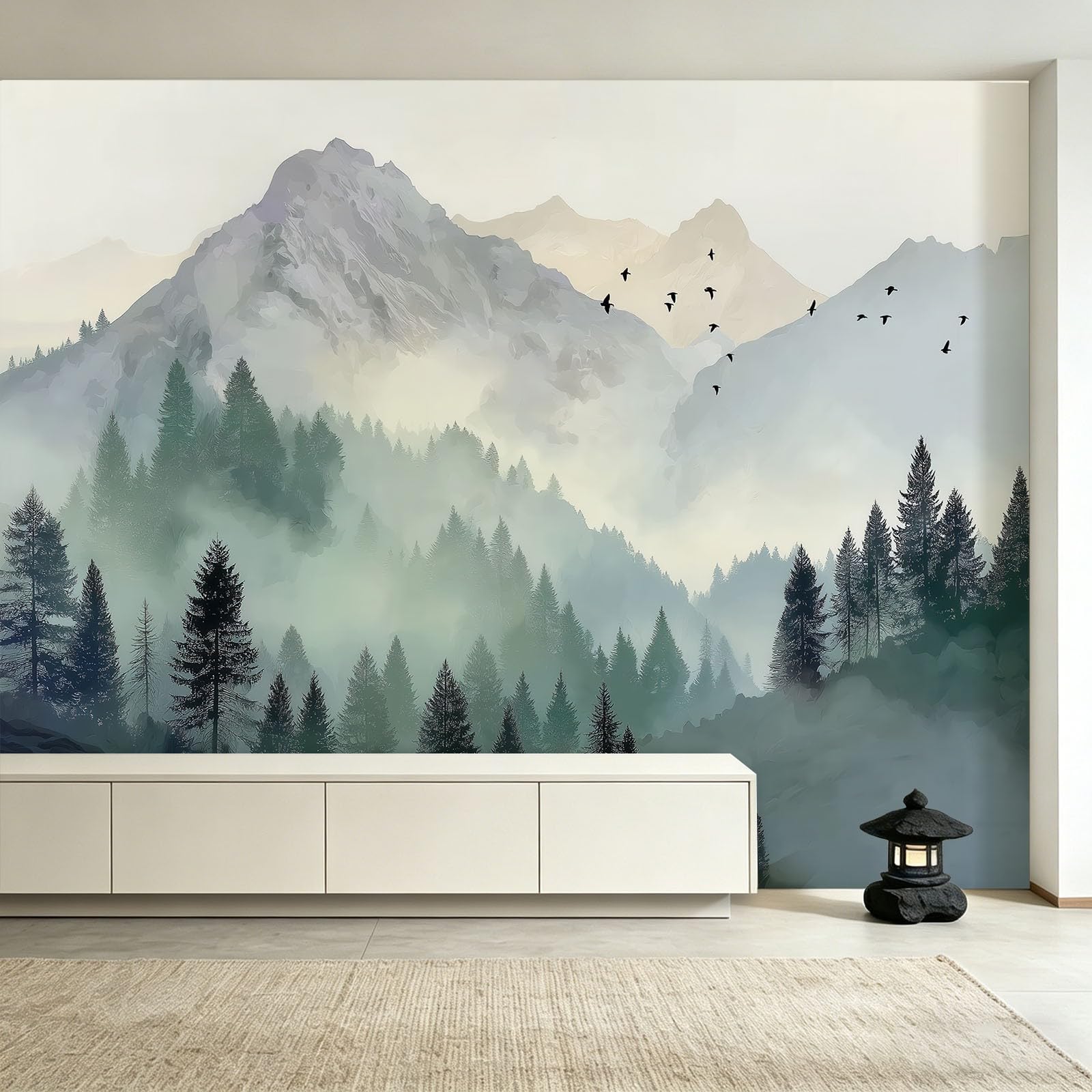 Fototapeta – chiński krajobraz, las, mgła 200 x 140 cm, tapeta na ścianę, tapeta z włókniny, dekoracja ścienna, tapeta ścienna do sypialni, salonu – szczyt górski, drzewa, ptaki, niebo