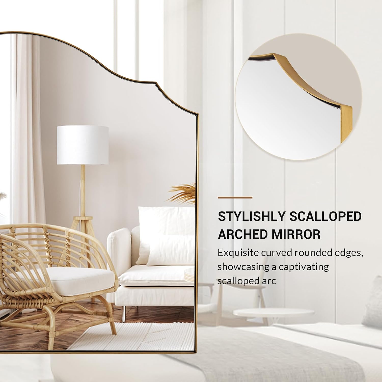 ANDY STAR Scalloped Arched Mirror, 36x26 Inch Gold Mantle Mirror with Stainless Steel Metal Frame, Modern Wall Mirrors for Bathroom, Fireplace, Living Room, Entryway Hangs Vertically